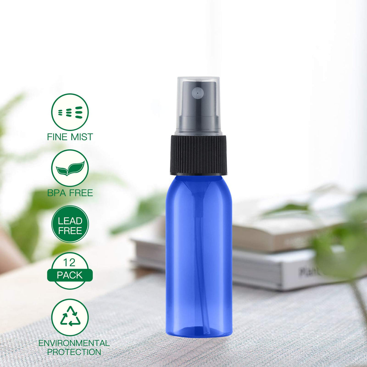 Paquete de 12 botellas de spray de plástico, 30 ml, pulverizadores vacíos y finos, atomizador de perfume de viaje para soluciones de limpieza (botellas de espray, negro + transparente), azul+transpa