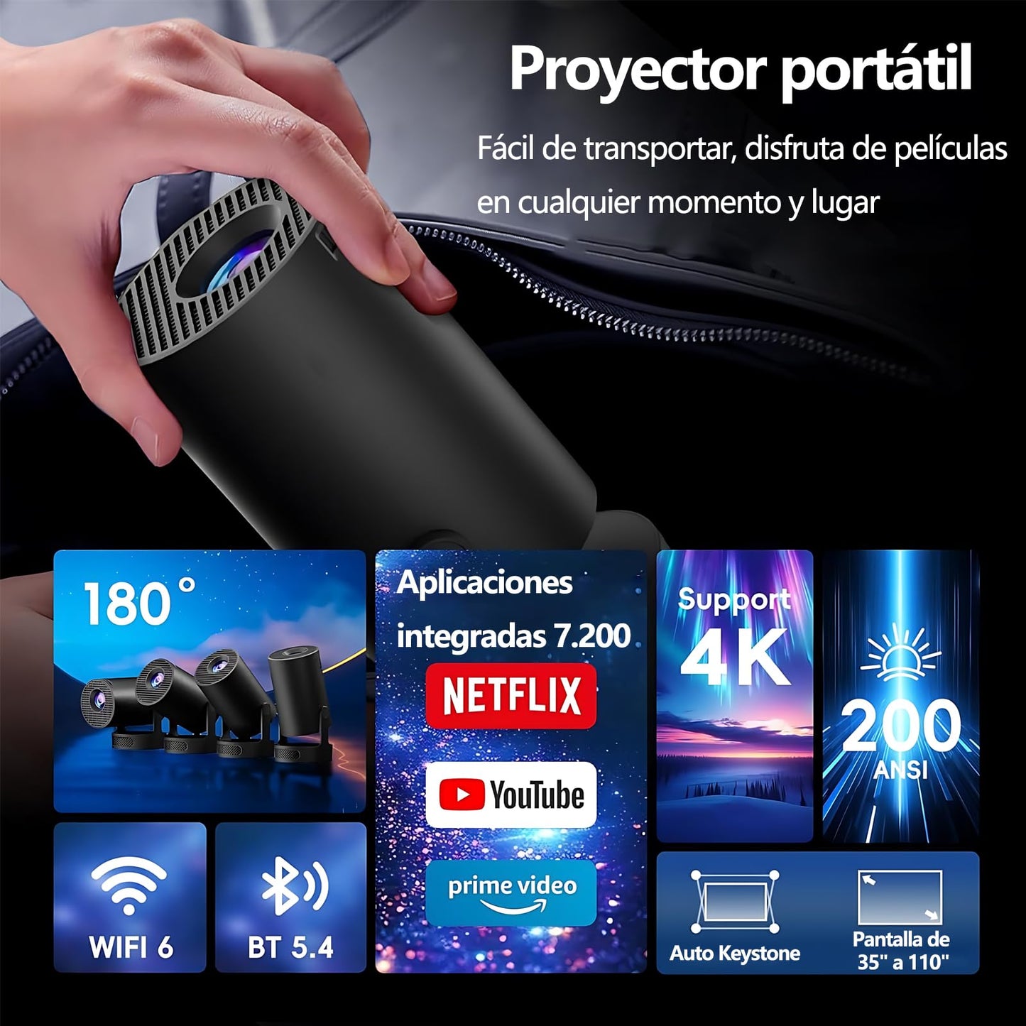 2025 Mini Proyector Portátil 4K/1080P,Proyector con 8000 Aplicaciones, Android 12 Soporte Multilenguaje Sistema,Pantalla de 130 Pulgadas,WiFi 6 Bluetooth 5.3, Giro de 180 Grados (2025 HY 300 Pro)