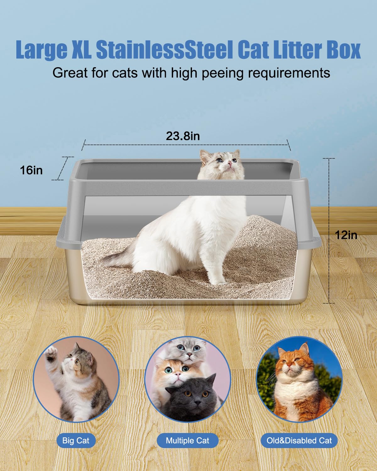 Caja de Arena de Acero Inoxidable XL de Lados Altos a Prueba de Fugas para Gatos Grandes