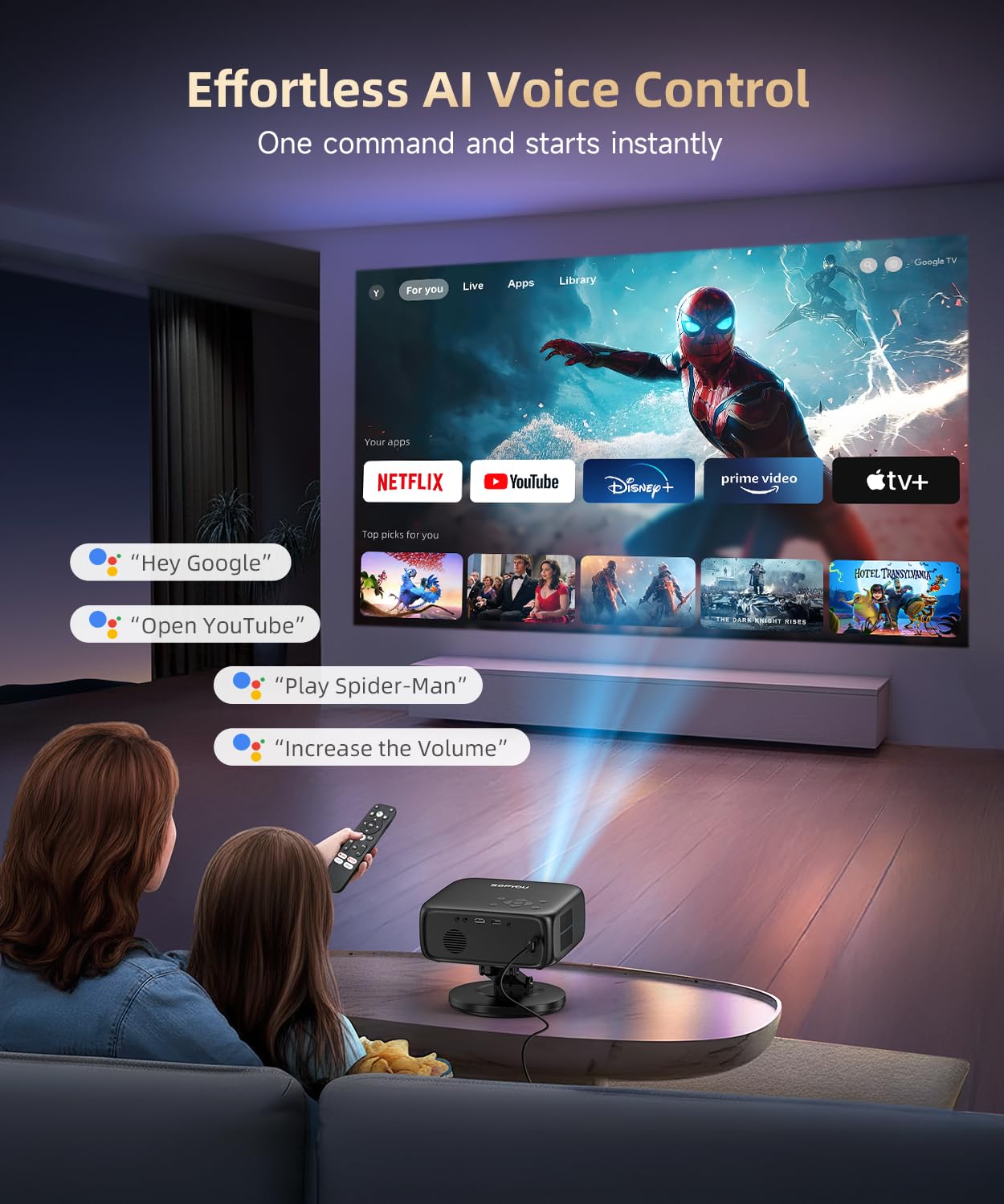 【Buit-in Google TV y control de voz】Proyector inteligente con WiFi y Bluetooth, enfoque automático y piedra clave, proyector de película portátil Native 1080P para exteriores con soporte giratorio de