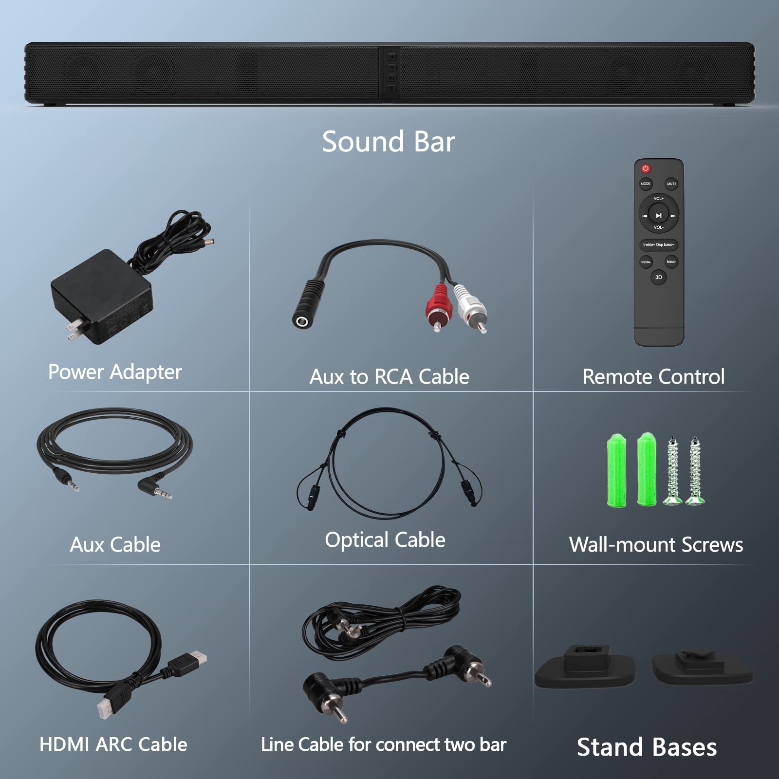 GEOYEAO - Barras de sonido de 2.2 canales para TV, subwoofer de graves dobles de 140 W, sistema de sonido envolvente 3D, barra de sonido de cine en casa de 32 pulgadas, conexión HDMI ARC, 2 en 1