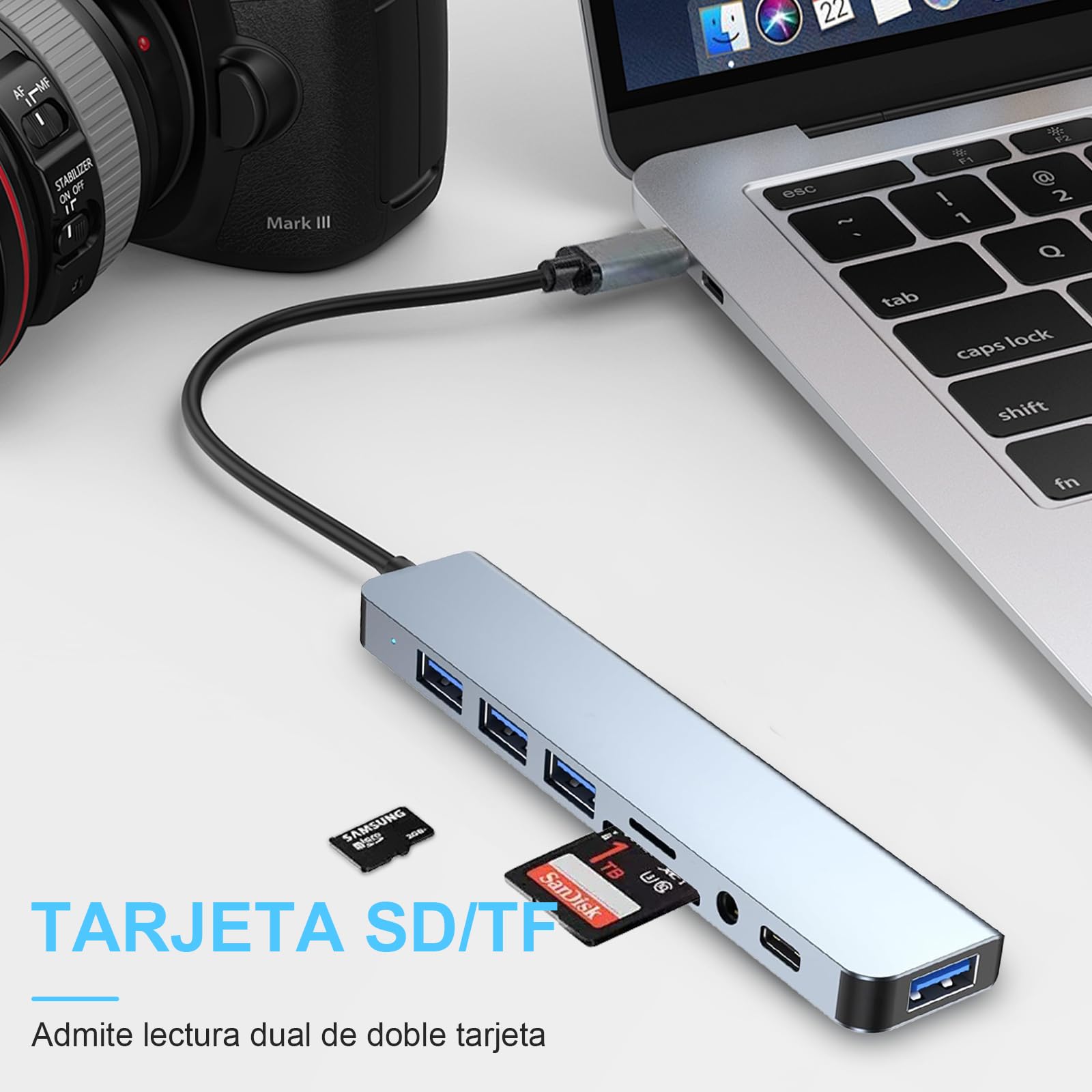 Glowlin HUB USB C, 8 and 1 Multi-Function Adapter to 1 USB3.0, 3 USB2.0, 3.5mm Jack, USB C Port Data, SD/TF Card Reader, Docking Station for MacBook Air/Pro iPad Surface Chromebook