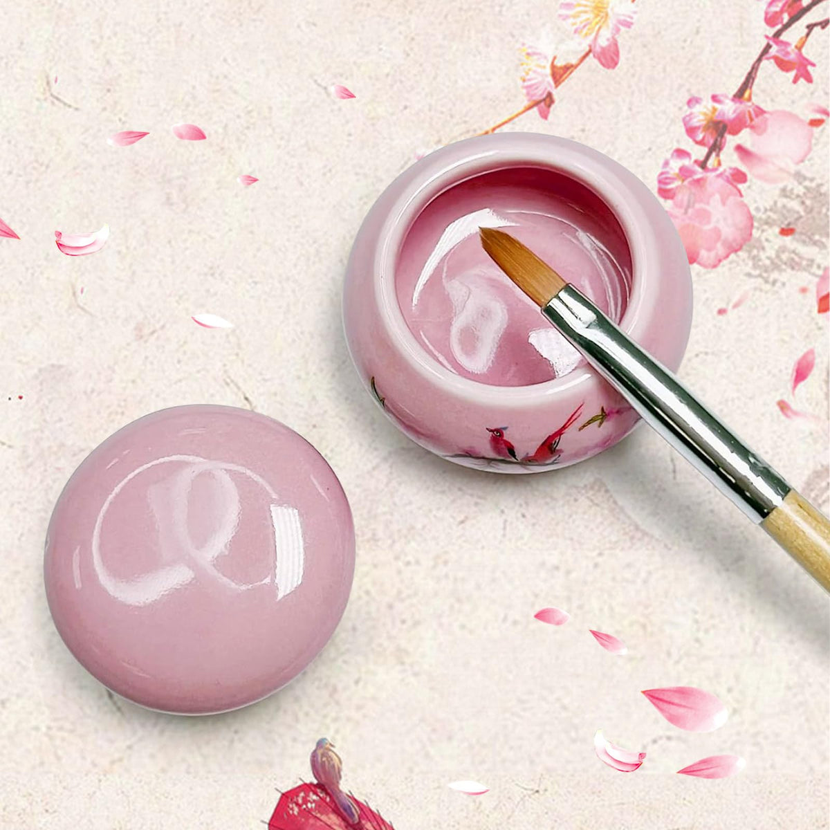 Plato de Porcelana YSHJB008 Rosa con Tapa para Acrílico Líquido de Uñas