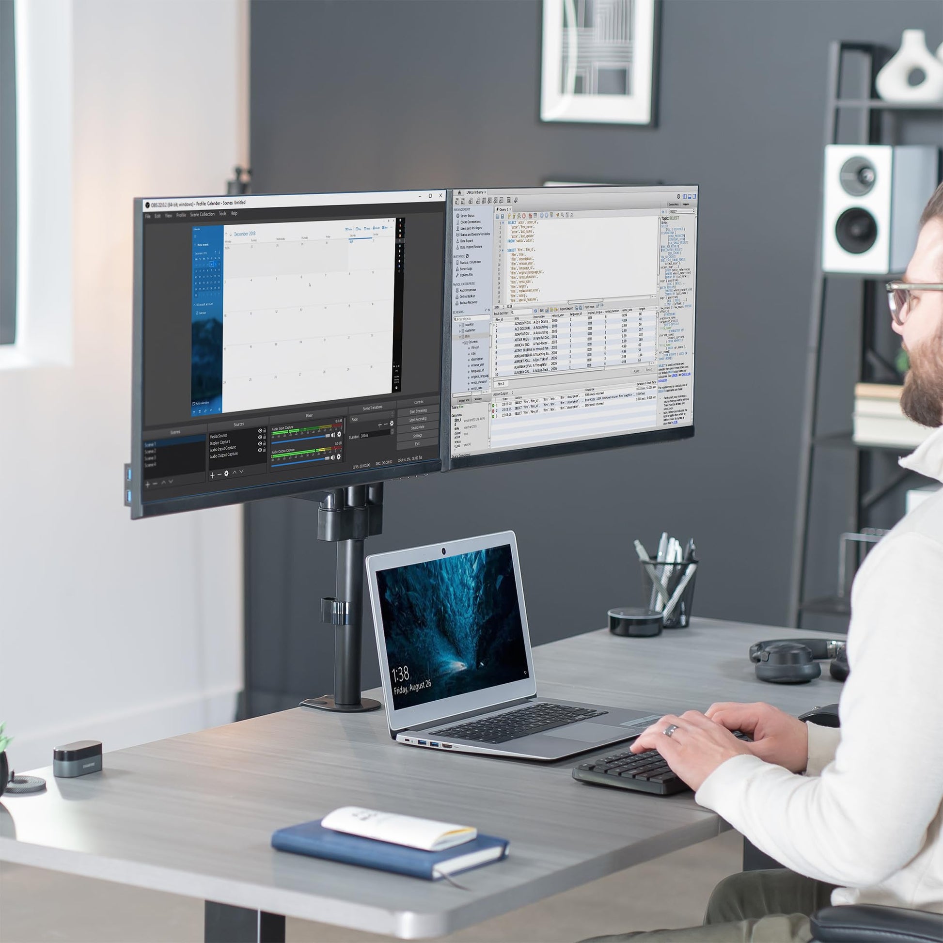 Soporte de Brazo para Monitor Dual VIVO Negro Ajuste Neumático Altura y Movilidad Completa para Hombre