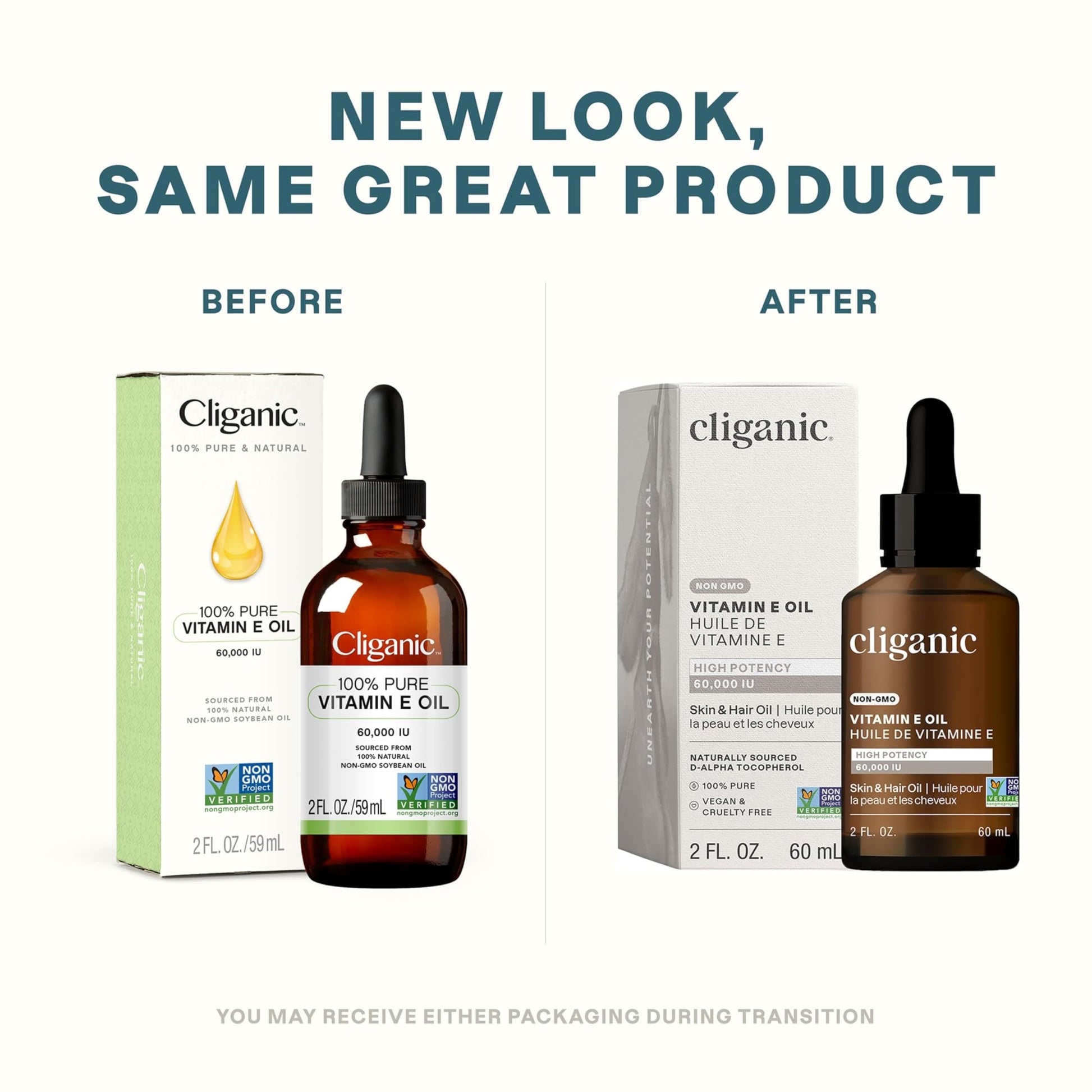 Cliganic Pure Vitamin E Oil, 59 ml - Pure Natural Face and Body Oil - Moisturizing Oil for Skin, Hair and Nails - 60,000 IU, Non-GMO Verified - Helps Reduce Signs of Aging, Improve Skin Texture