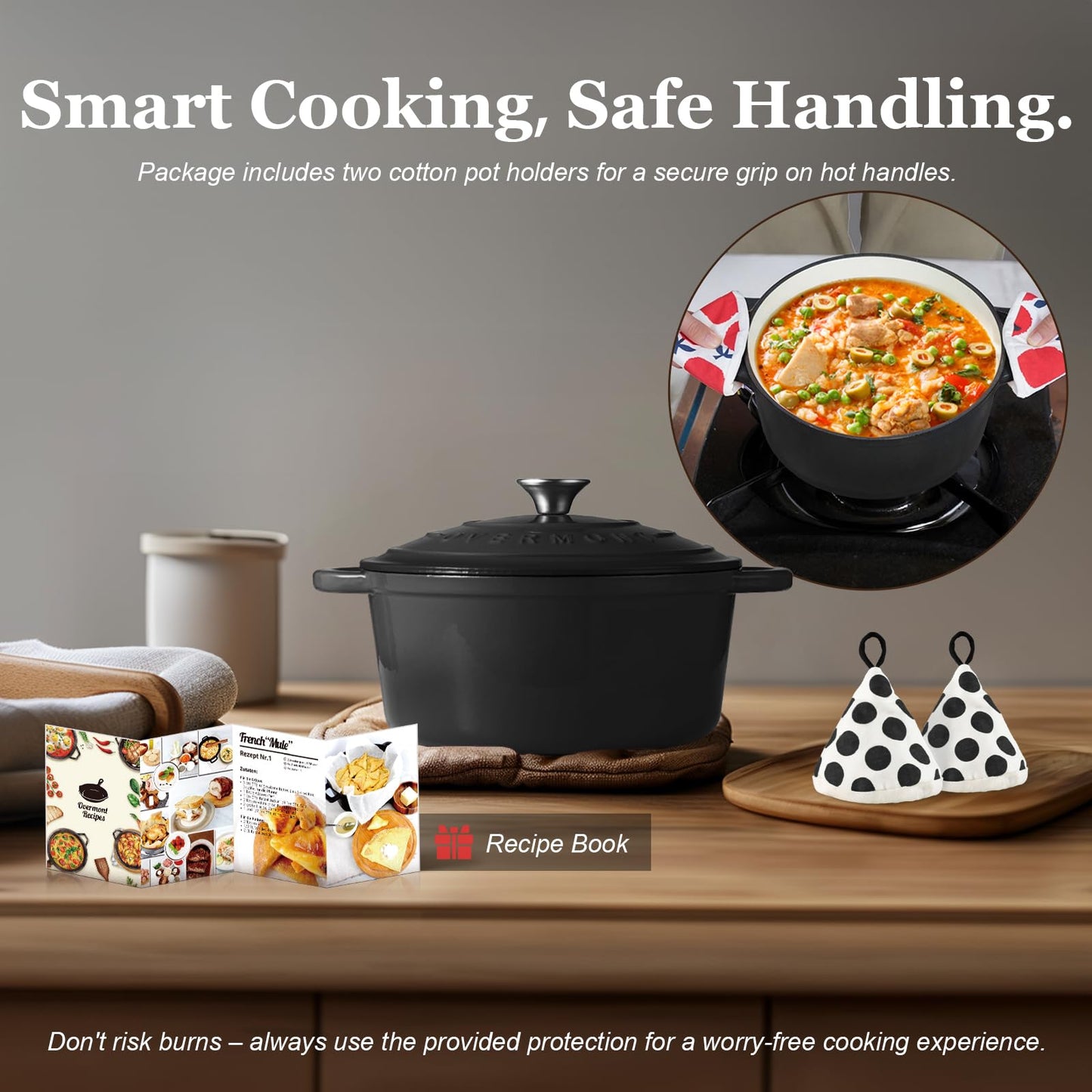 Overmont - Horno holandés de hierro fundido esmaltado, olla de 5.5 cuartos con tapa, libro de cocina y agarraderas de algodón, utensilios de cocina resistentes para estofar, guisos, asar, hornear pan