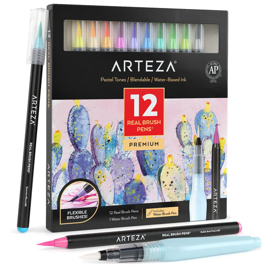Arteza - Bolígrafos de pincel real, juego de 12, tonos pastel, marcadores de acuarela mezclables y 1 cepillo para polvo de agua, suministros de arte para la escuela, el hogar y la oficina