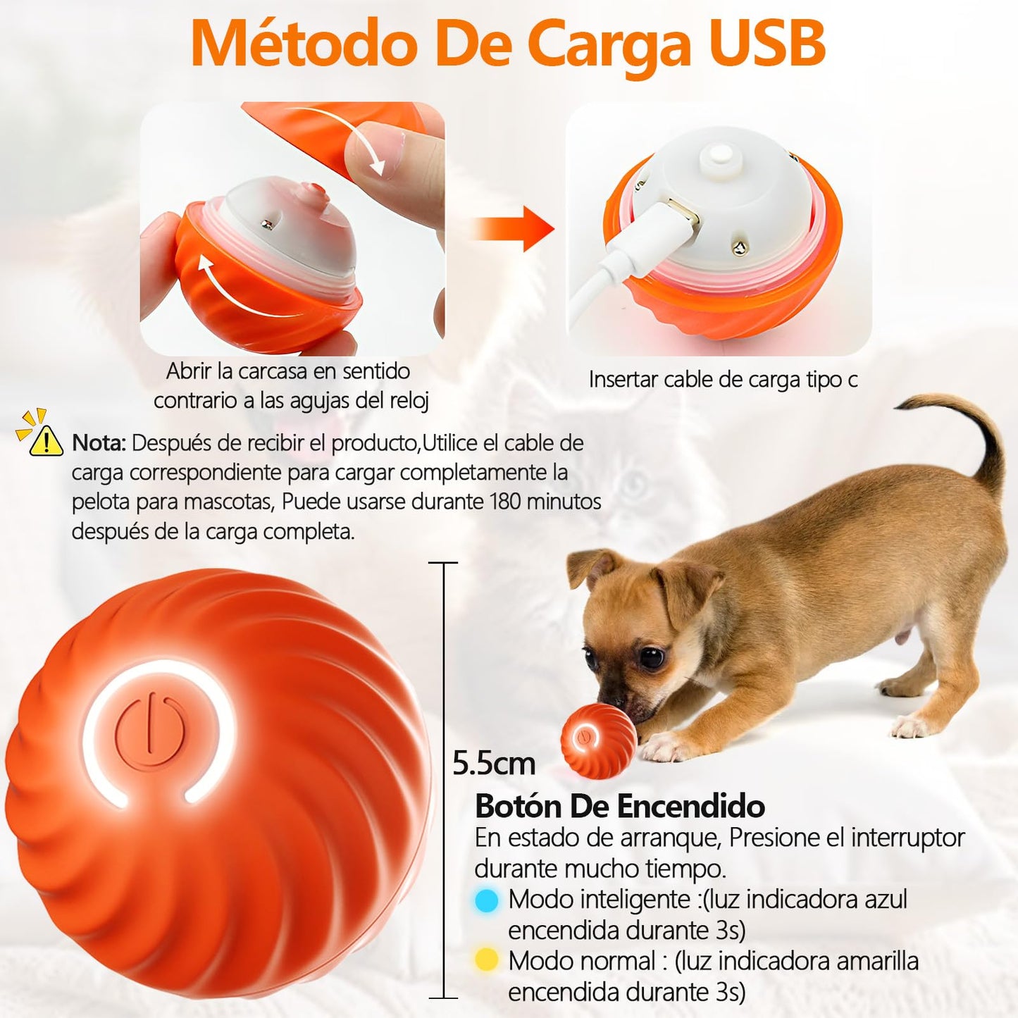 Pelota de Juguete Inteligente UIOERGF Interactiva Que se Mueve, Gira y Rebota para Perros Pequeños y Gatos