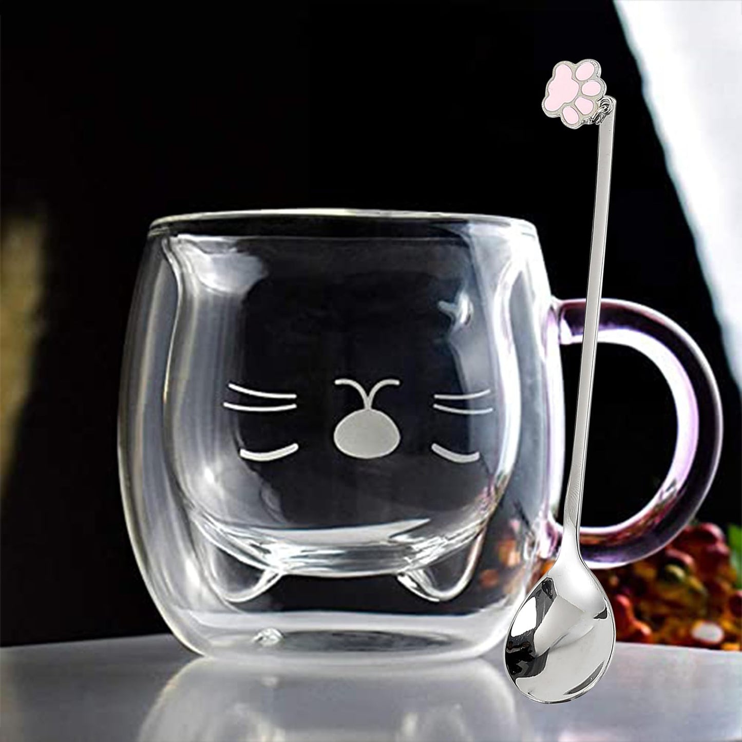 Binoster - Taza con aislamiento de doble pared de vidrio, taza de café, taza de té, taza de leche, regalo para oficina, cumpleaños, uso personal, de Navidad (gato púrpura)