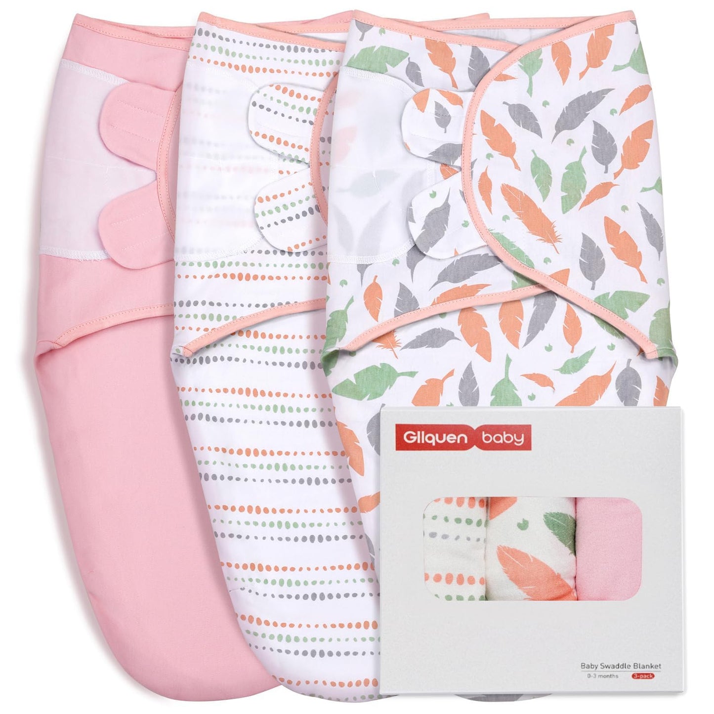 GLLQUEN BABY - Mantas para bebés y niñas, de 3 a 6 meses, plumas y punto ondulado, paquete de 3 unidades, saco de dormir ajustable para recién nacido, (mediano/grande)