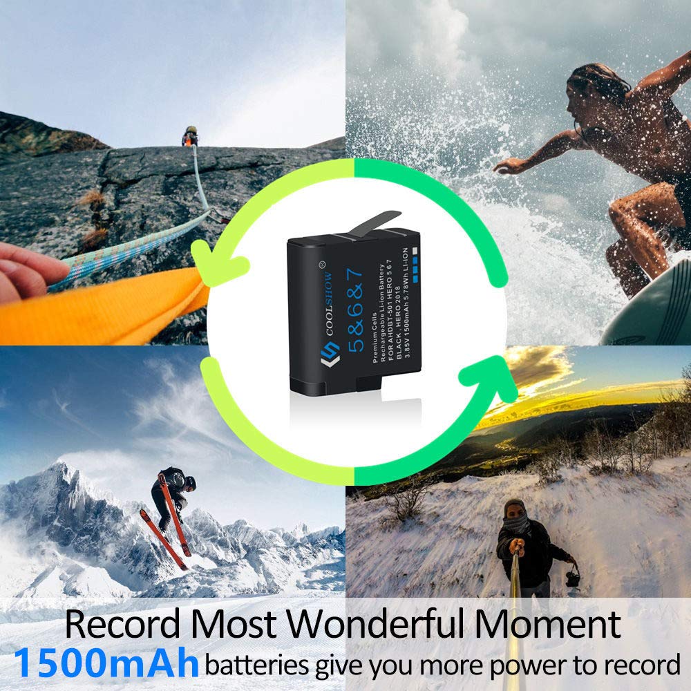 COOLSHOW Hero 7 6 5 Batería de repuesto (2 paquetes) y Triple Hero 7 Cargador compatible con GoPro Hero 7 Negro, Hero 6 Black, Hero 5 Black, Hero 2018 y cargador compatible con Hero 8
