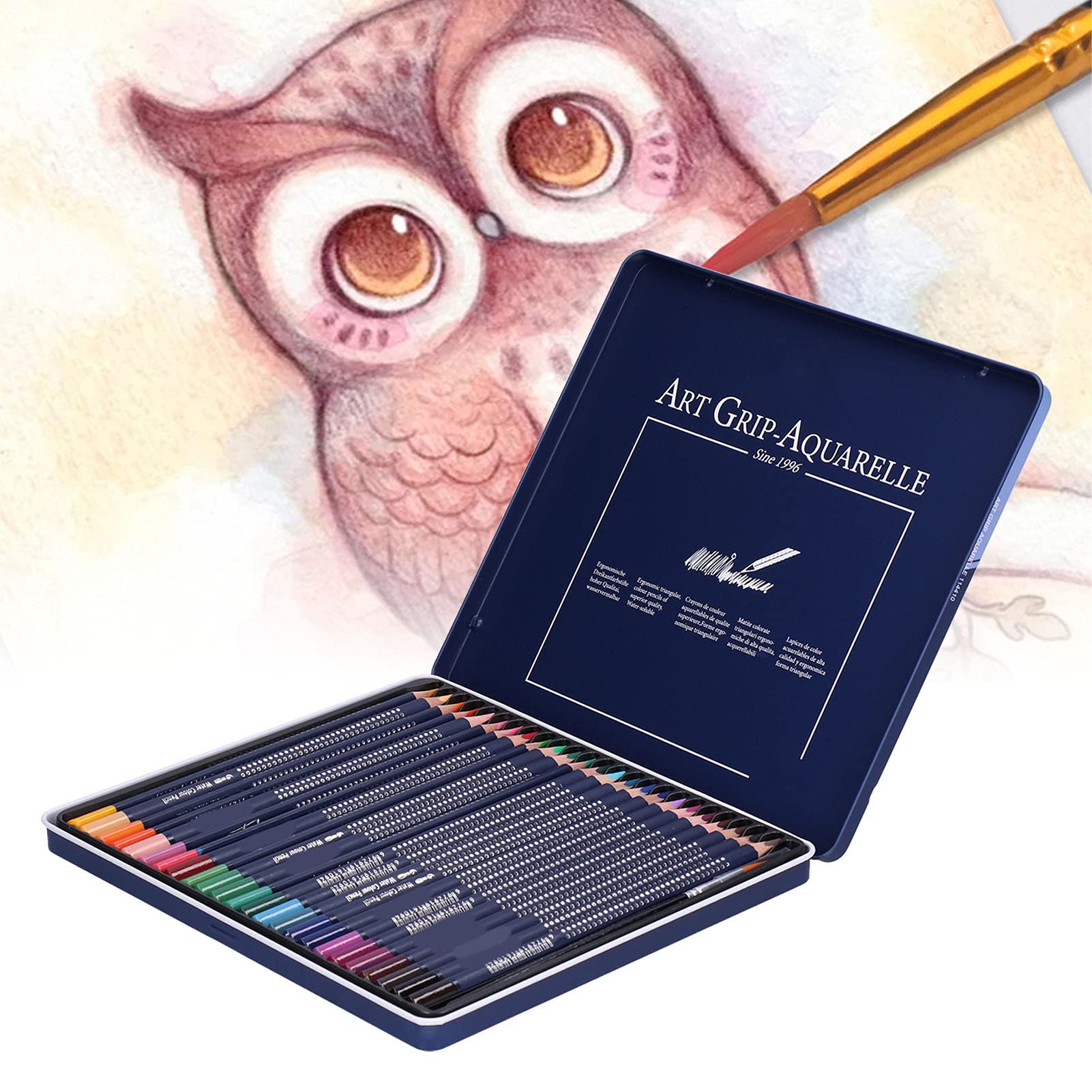 Lápices de Acuarela, Juego de Lápices de Colores Solubles en Agua, Lápices de Colores con Pintura de Troncos Triangulares Gruesos con Caja de Hierro(24 colores)