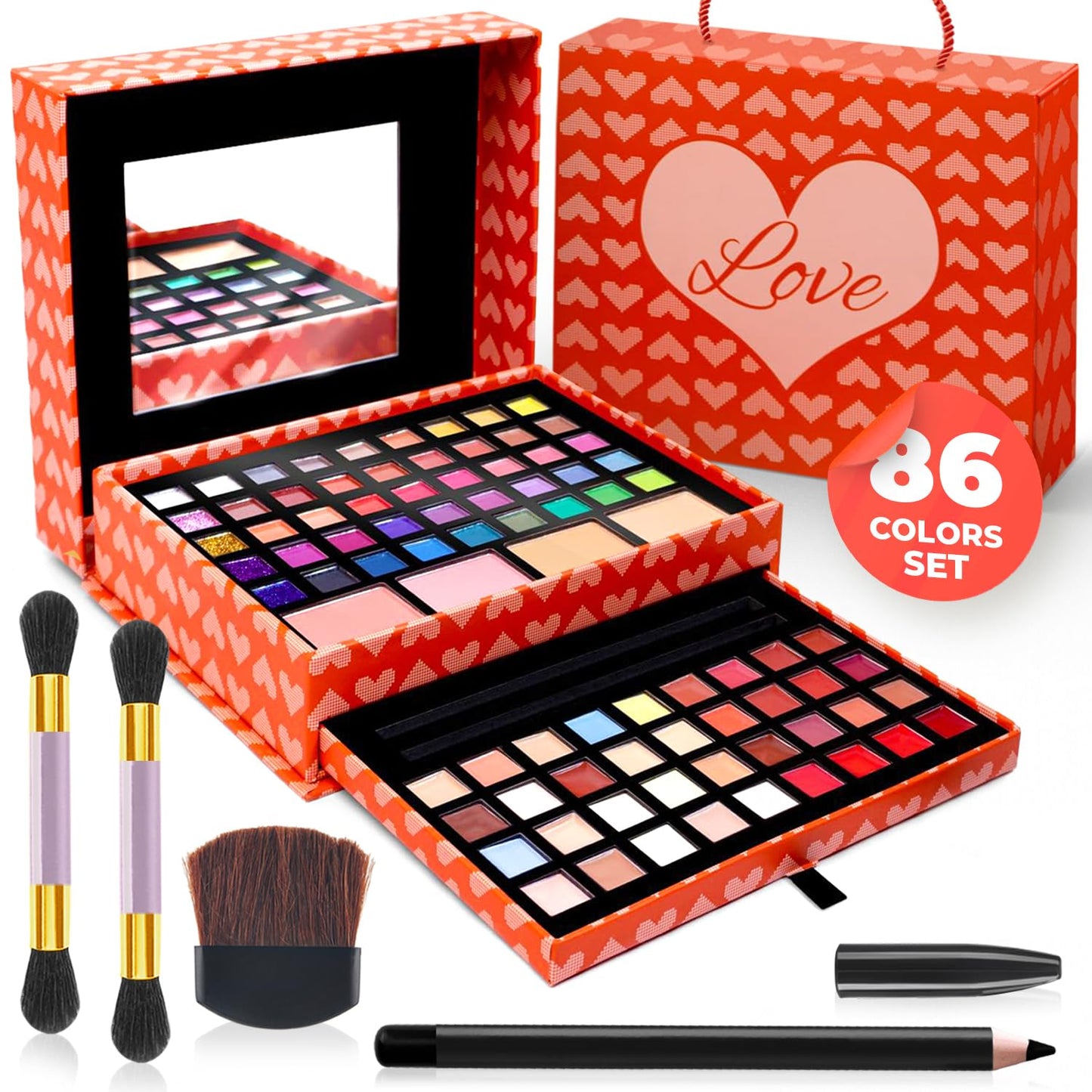 Makeup Kits for Teens - 2-Tier Love Make Up Gift Set and Eyeshadow Palette for Teen Girls and Juniors -Variety Shade Array - Full Starter Kit for Beginners or Pros by