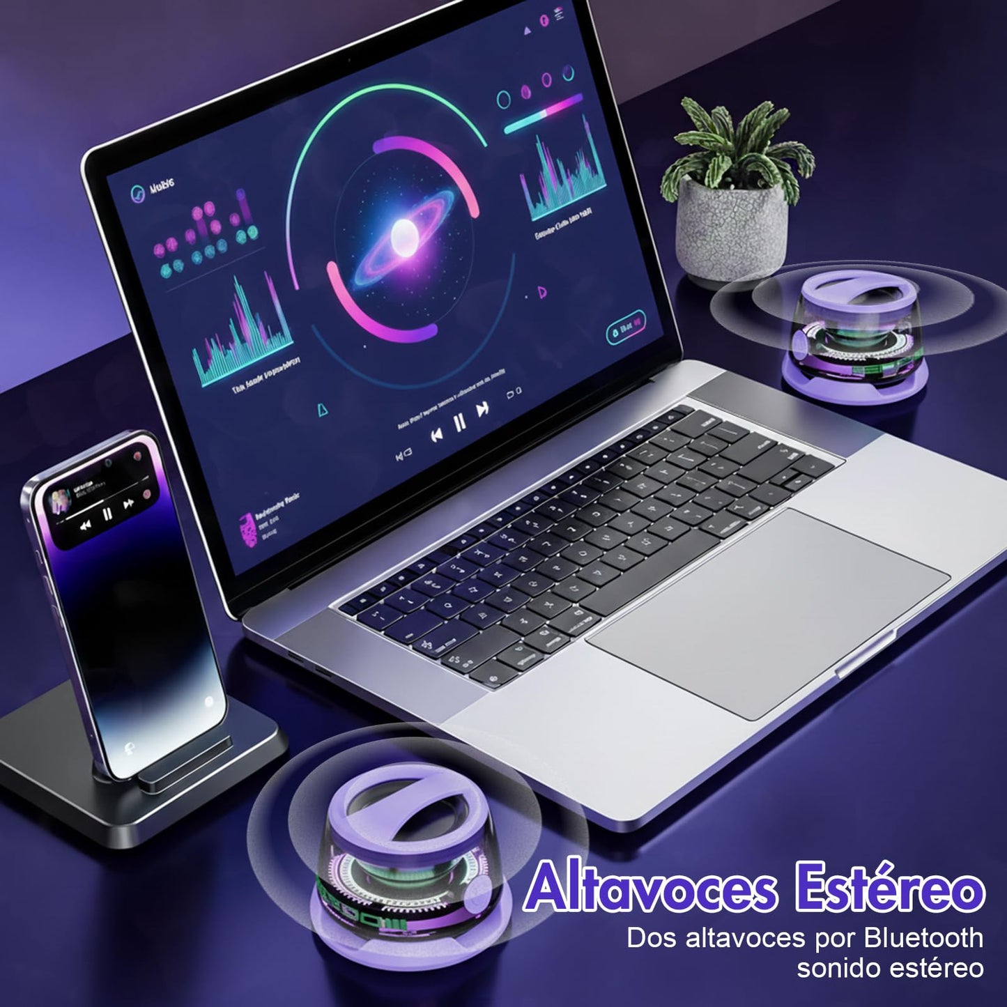SOLVIFY Mini Bocinas Bluetooth Magnéticas, Altavoz Magnético Bluetooth con Luz RGB, Sonido Envolvente 3D, G200, Tecnología Conexión Inalámbrica 5.3, Portátil Se Puede Utilizar como Soporte (Violeta)