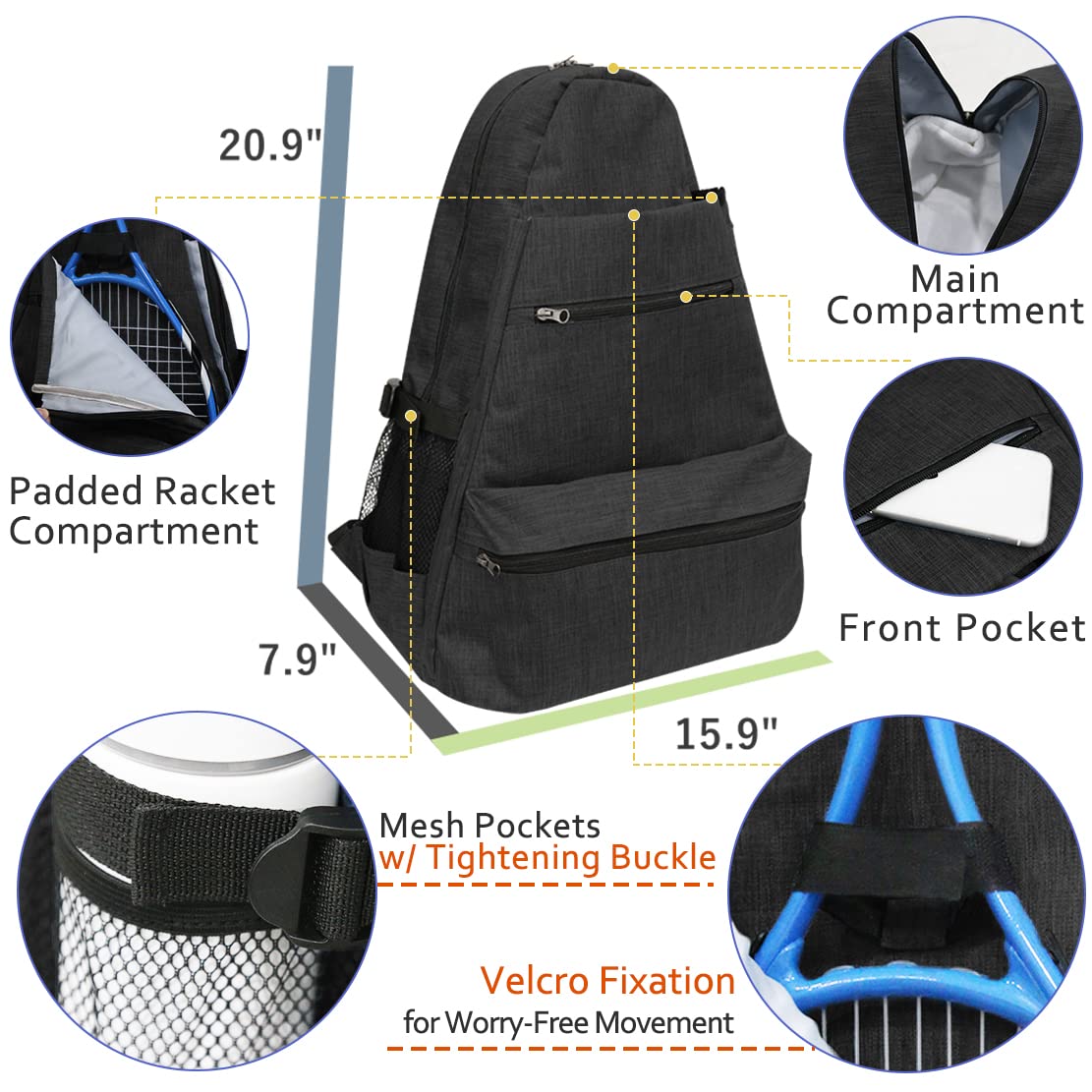 Layway - Mochila de tenis para hombres y mujeres, bolsa de raquetas de tenis para llevar raquetas de racquetball, squash, bádminton, pickleball y otros accesorios deportivos de viaje (negro)
