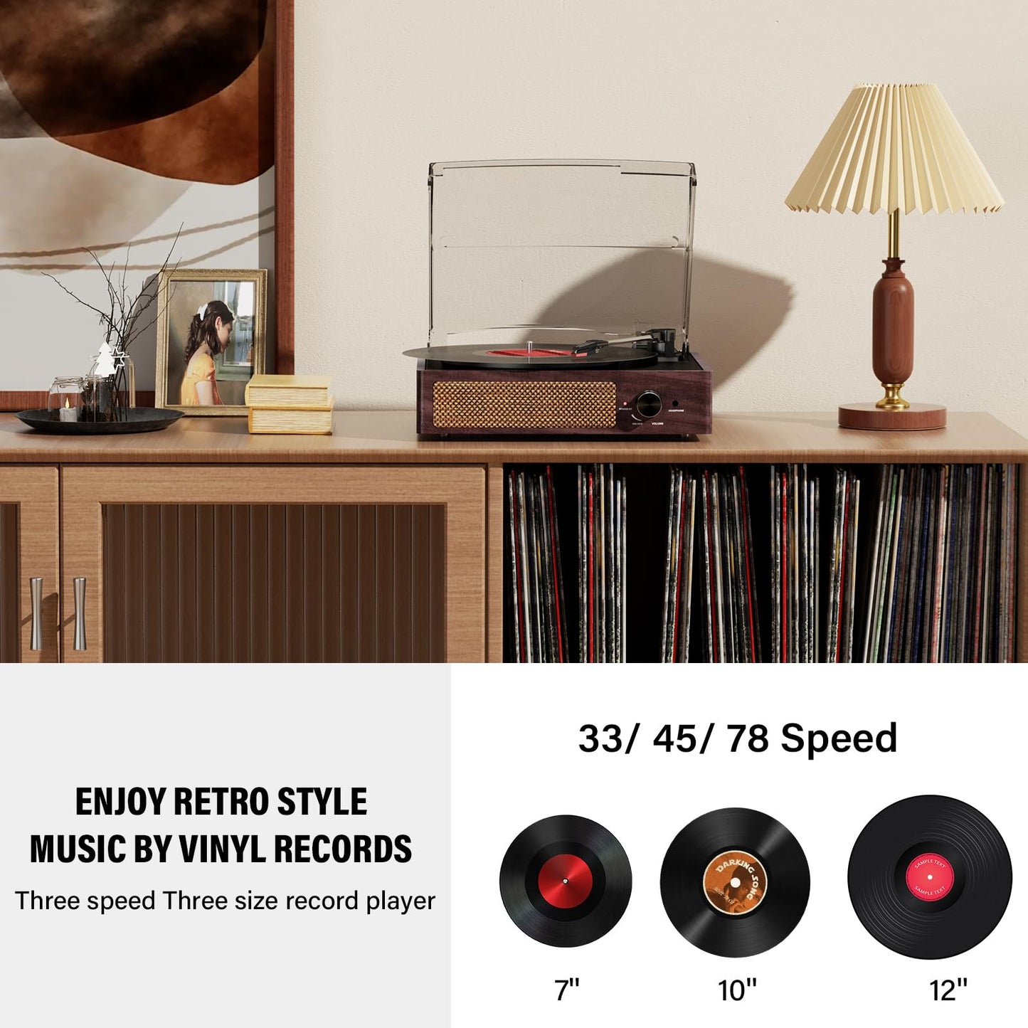 Kedok - Tocadiscos de vinilo con receptor Bluetooth integrado y 2 altavoces estéreo, reproductor de discos retro portátil de 3 velocidades y 3 tamaños para entretenimiento y decoración del hogar