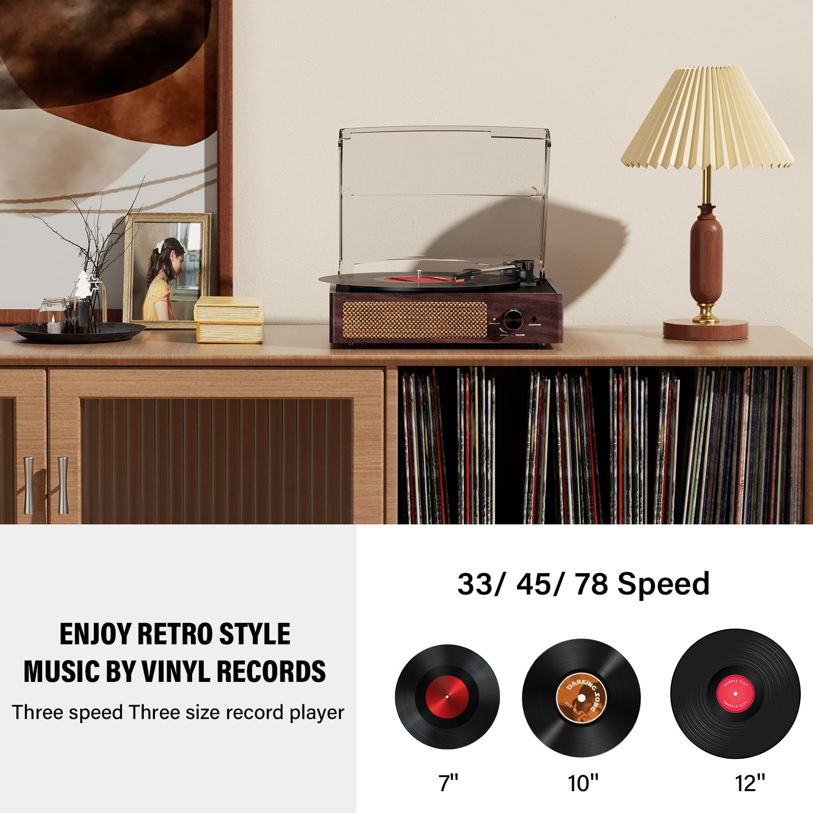 Kedok - Tocadiscos de vinilo con receptor Bluetooth integrado y 2 altavoces estéreo, reproductor de discos retro portátil de 3 velocidades y 3 tamaños para entretenimiento y decoración del hogar