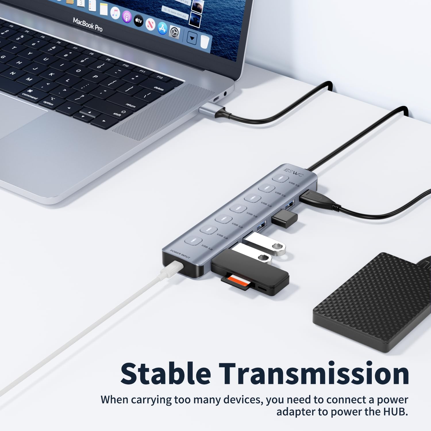 JESWO Hub USB 3.0, 7 Puertos Adaptador USB de Aluminio con LED e Interruptores, Cable de Extensión de 1m, Multi USB para PC, Portátil, Macbook Pro etc.