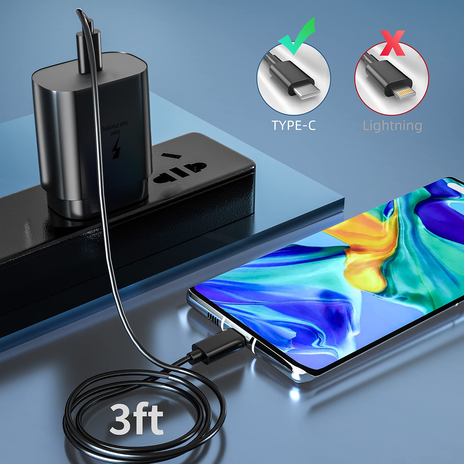 Cargador USB C de carga rápida súper tipo C con cable para Android con suministro de energía de 25W, adaptador de bloque de pared para teléfono celular compatible para Samsung LG Galaxy S21 Ultra Plus