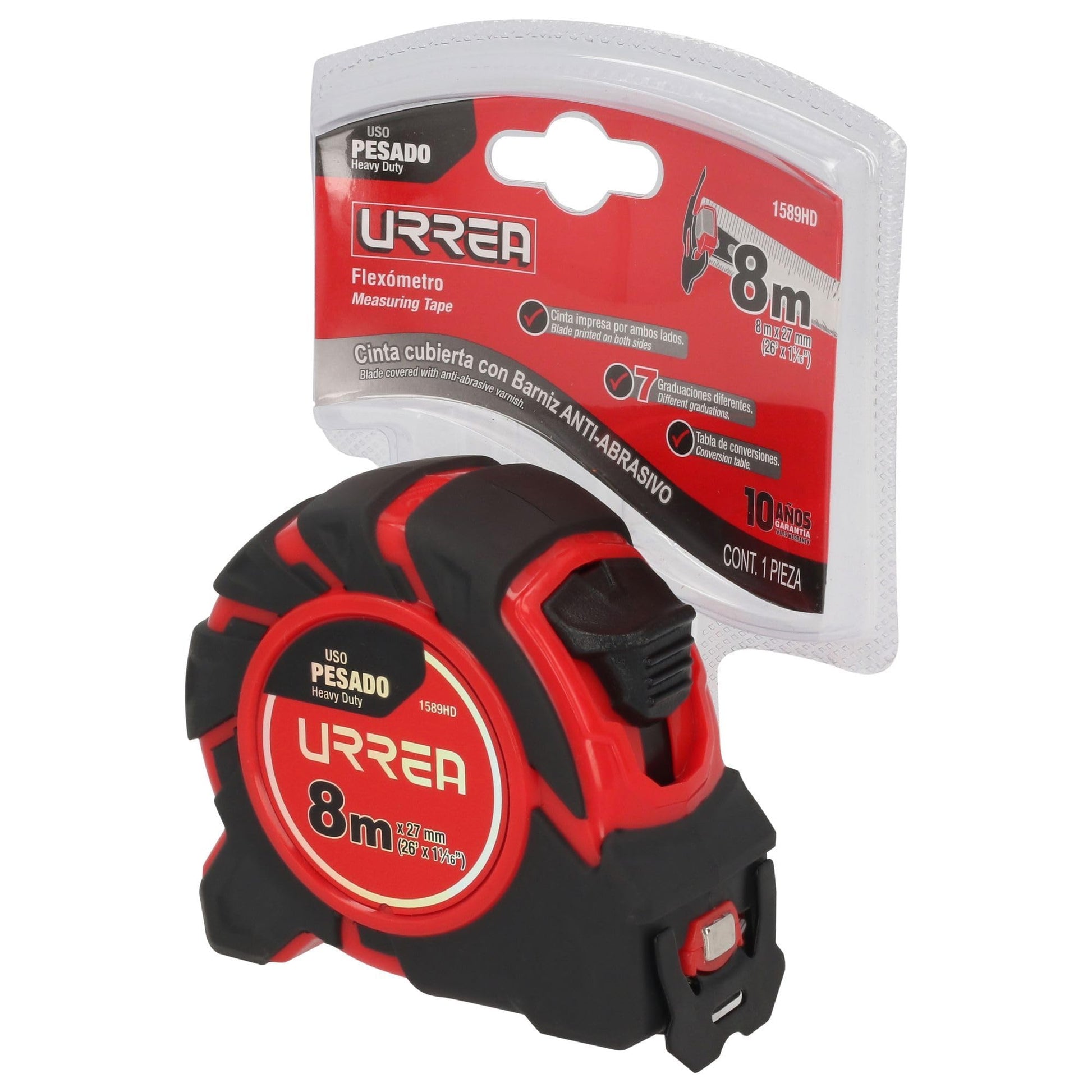Flexómetro Urrea Heavy Duty con Hoja de Acero y Carátula ABS TPR 8 M x 27 Mm 4 Remaches