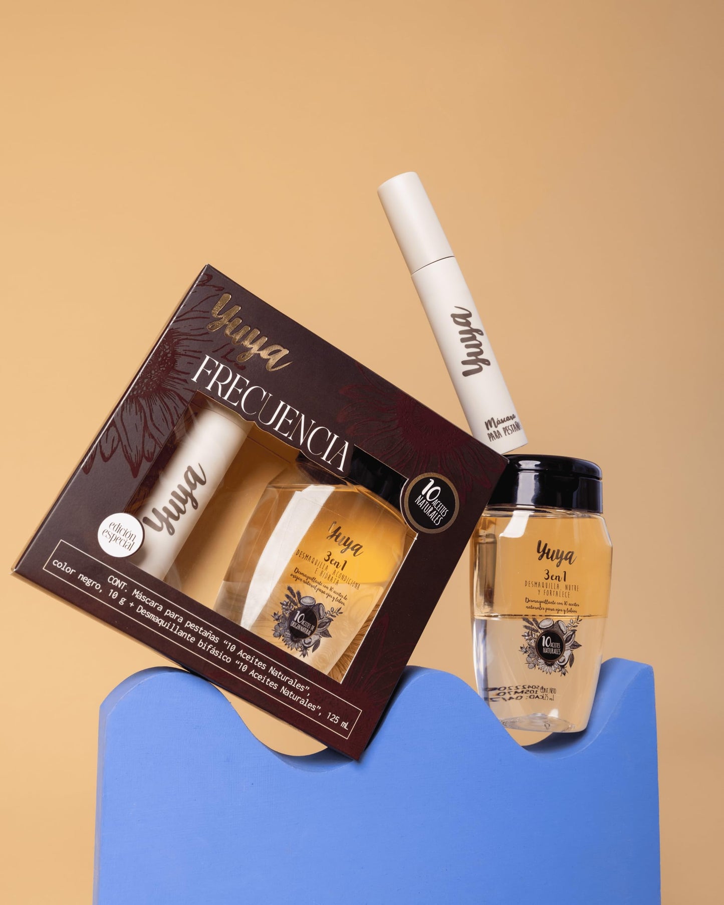 YUYA Frecuencia Set Pestañas Largas y Definidas - Máscara a Prueba de Agua 10 Aceites Naturales (10g) + Desmaquillante Bifásico 3 en 1 (250 ml) - Hidratación, Nutrición, Remueve Maquillaje - Ideal para Ojos Sensibles
