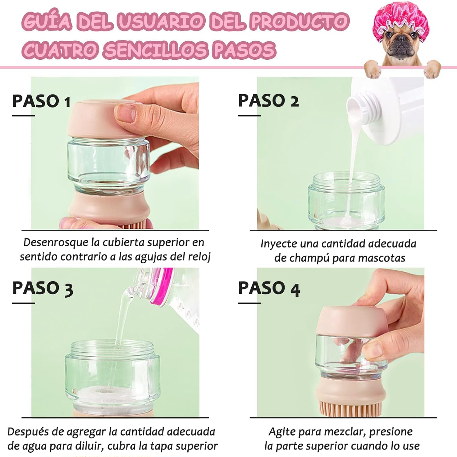 Cepillo de baño para mascotas, cepillo para perros con 2 cabezales de cepillo de silicona suave, dispensador de masaje de champú para mascotas para aseo de mascotas, cepillo de ducha para limpieza de cabello de perros y gatos(Rosa)
