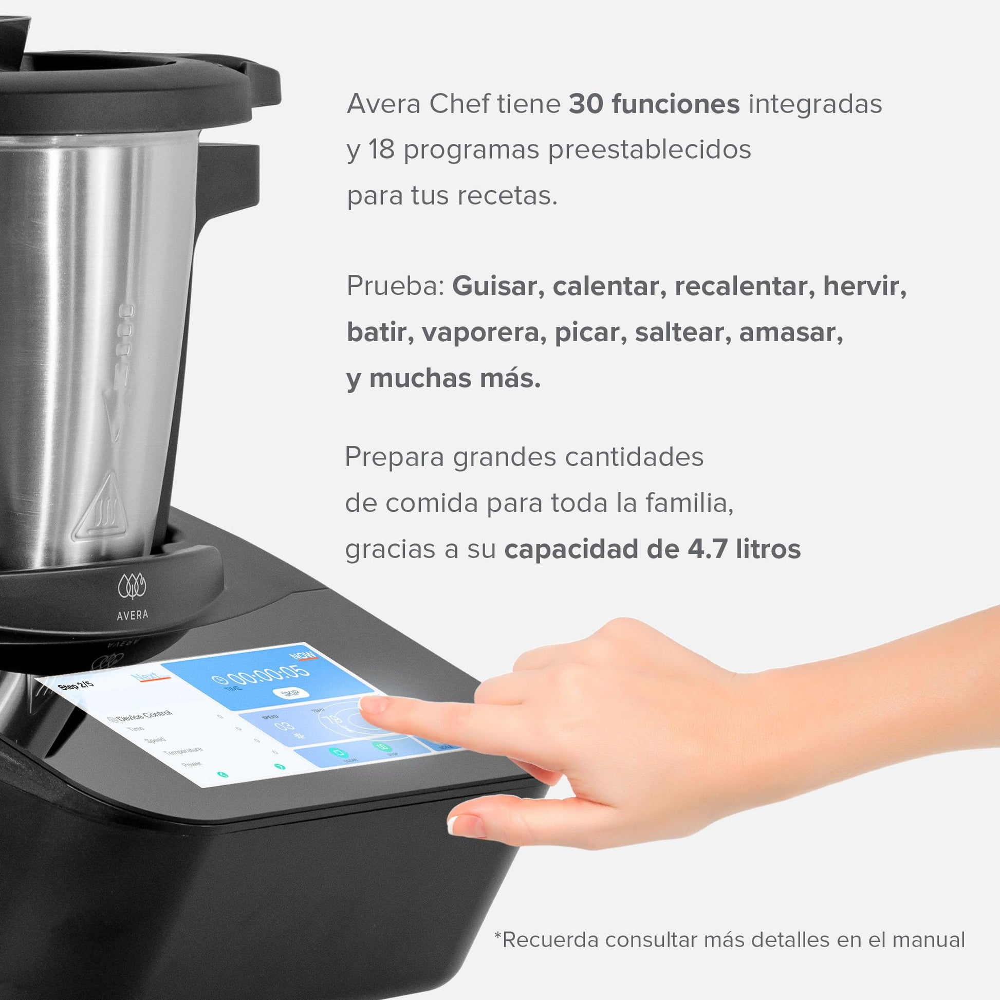 Avera Chef | Robot de Cocina Inteligente WiFi con Báscula y Recetario Digital (+1000 Recetas) | 30 Funciones: Guisar, Batir, Amasar | Pantalla Táctil, Vaporera | Capacidad 4.7 L | RC01