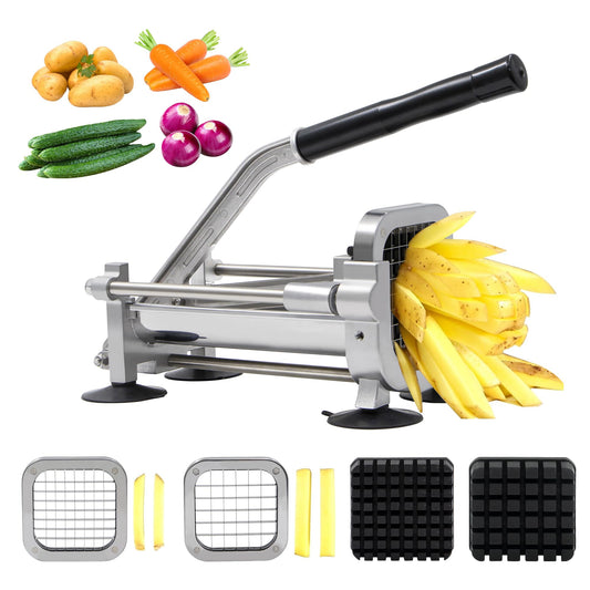 Cortador de freír francés Tongdayi con dos cuchillas (1/2 pulgadas y 3/8 pulgadas), cortador de freír francés de acero inoxidable comercial, adecuado para patatas enteras, zanahorias y pepinos