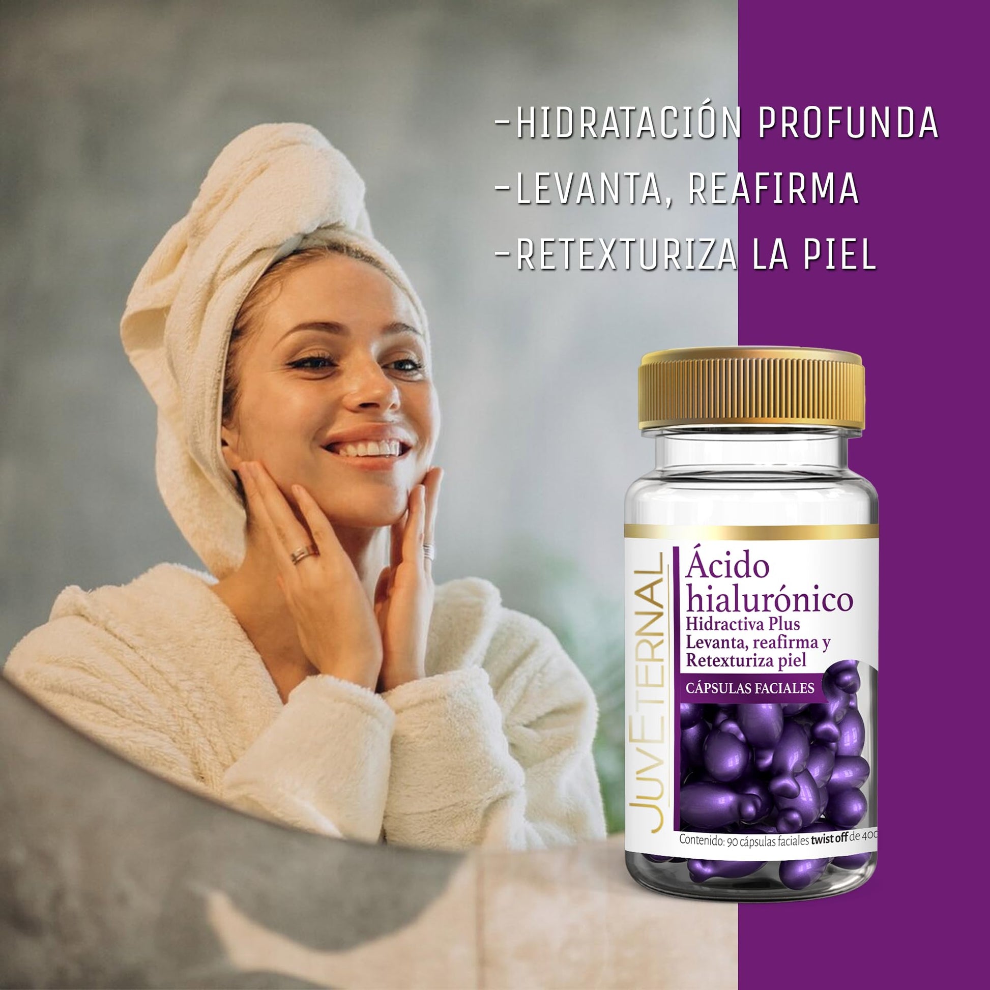 Juveternal Duo Cápsulas Faciales Retinol Cápsulas Faciales Acido Hialuronico 90 caps c/u Renovación celular Antimanchas Antiedad Hidrata Reafirma y Retexturiza la piel