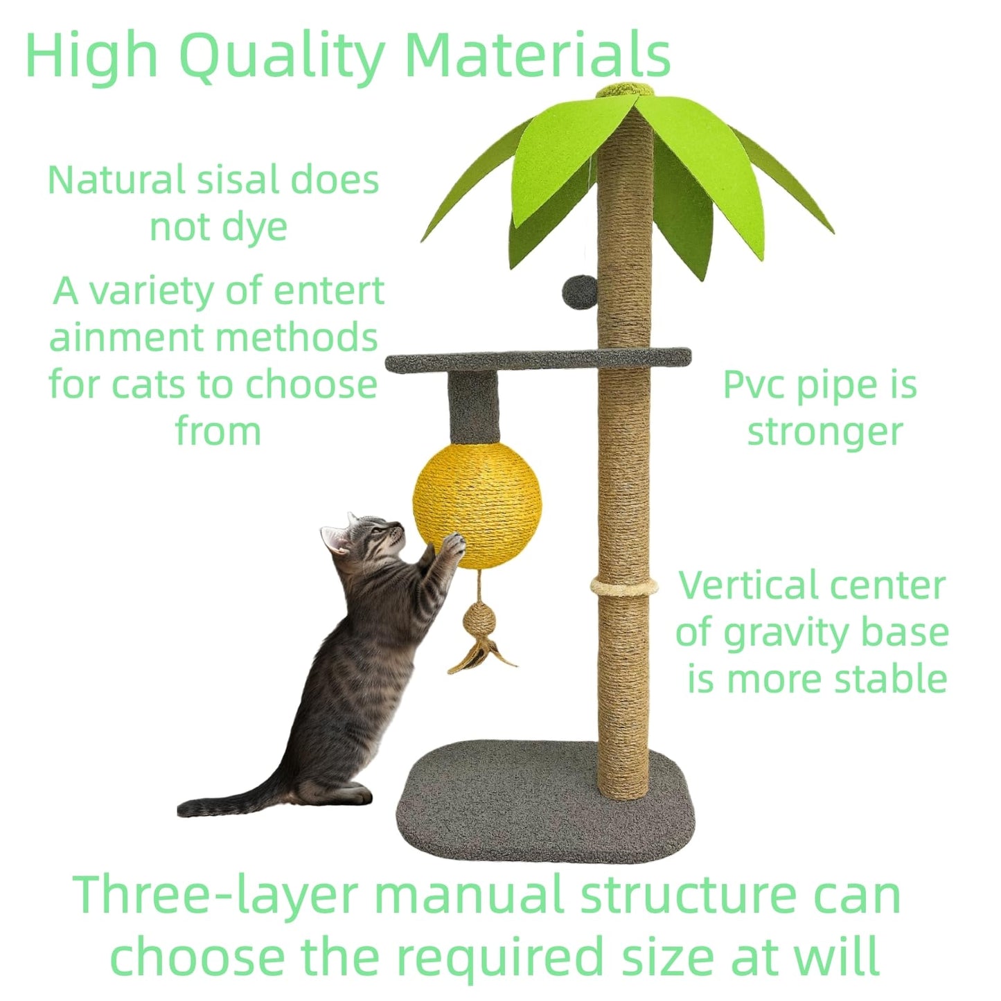 BUIMIT - Rascador de palmera personalizable para gatos con altura ajustable, poste rascador para gatos con base resistente y bola colgante, poste rascador para gatos con cuerda de sisal para gatos de