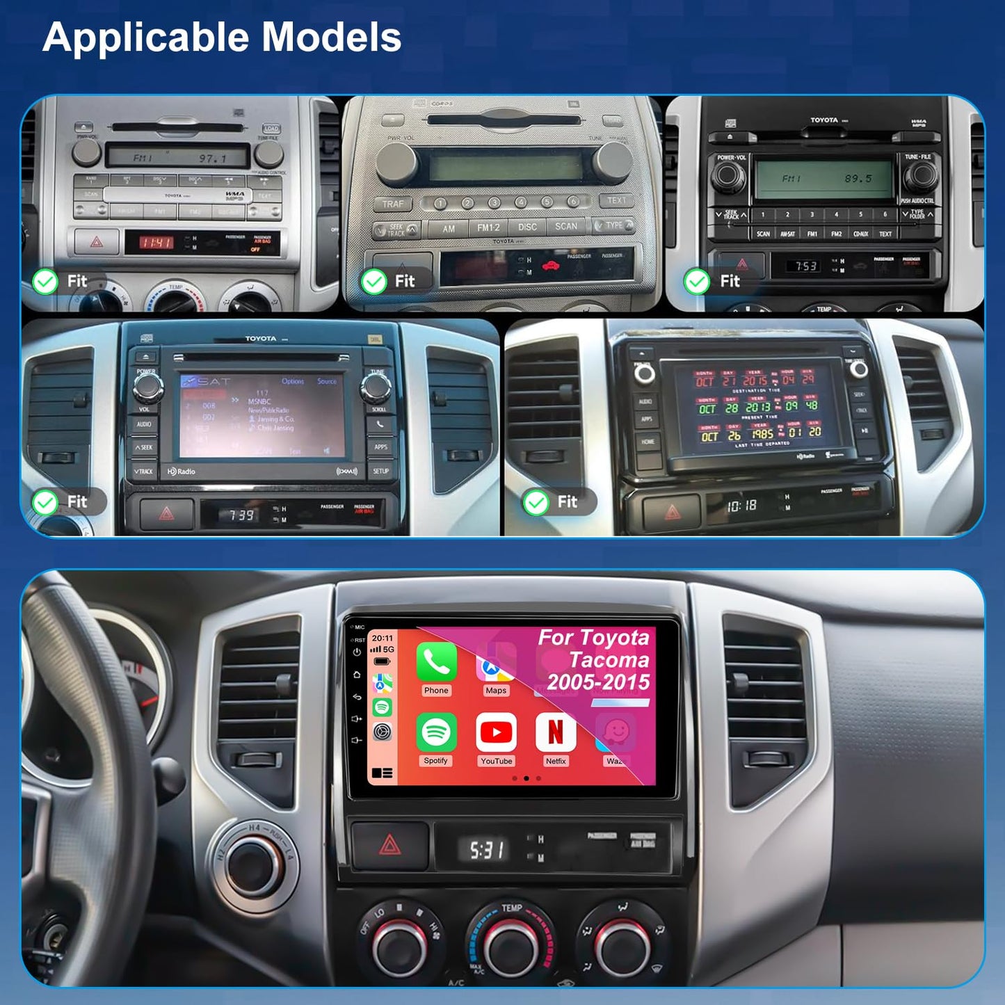 Hyperego Autorradio Android para Toyota Tacoma 2005-2015, actualización de estéreo 5G WiFi Tacoma Compatible con CarPlay inalámbrico y Android Auto, Unidad Principal con Pantalla táctil de 9 Pulgadas