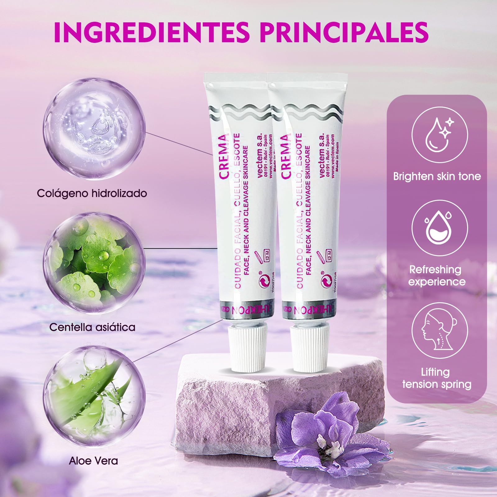 Crema Antienvejecimiento con Colágeno y Vitaminas para Rostro, Cuello y Escote - Hidratante y Regeneradora - Set de 2 Unidades