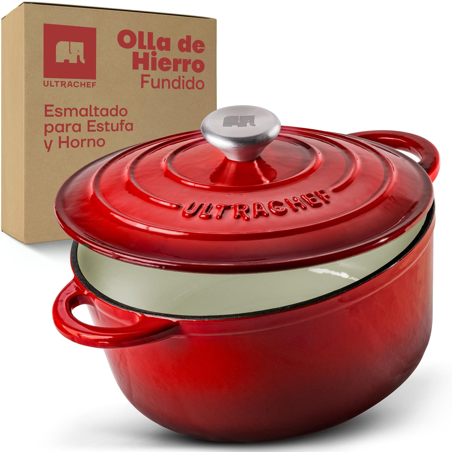 ULTRACHEF Olla de Hierro Fundido Esmaltado para Estufa y Horno | Horno Holandés Cubierto de Hierro Fundido | Dutch Oven | Redonda | Tamaño 28 cm, Capacidad 6 Litros, Rojo