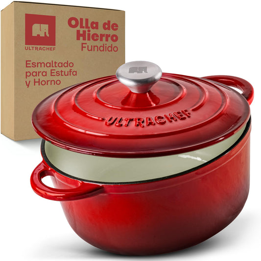 ULTRACHEF Olla de Hierro Fundido Esmaltado para Estufa y Horno | Horno Holandés Cubierto de Hierro Fundido | Dutch Oven | Redonda | Tamaño 28 cm, Capacidad 6 Litros, Rojo