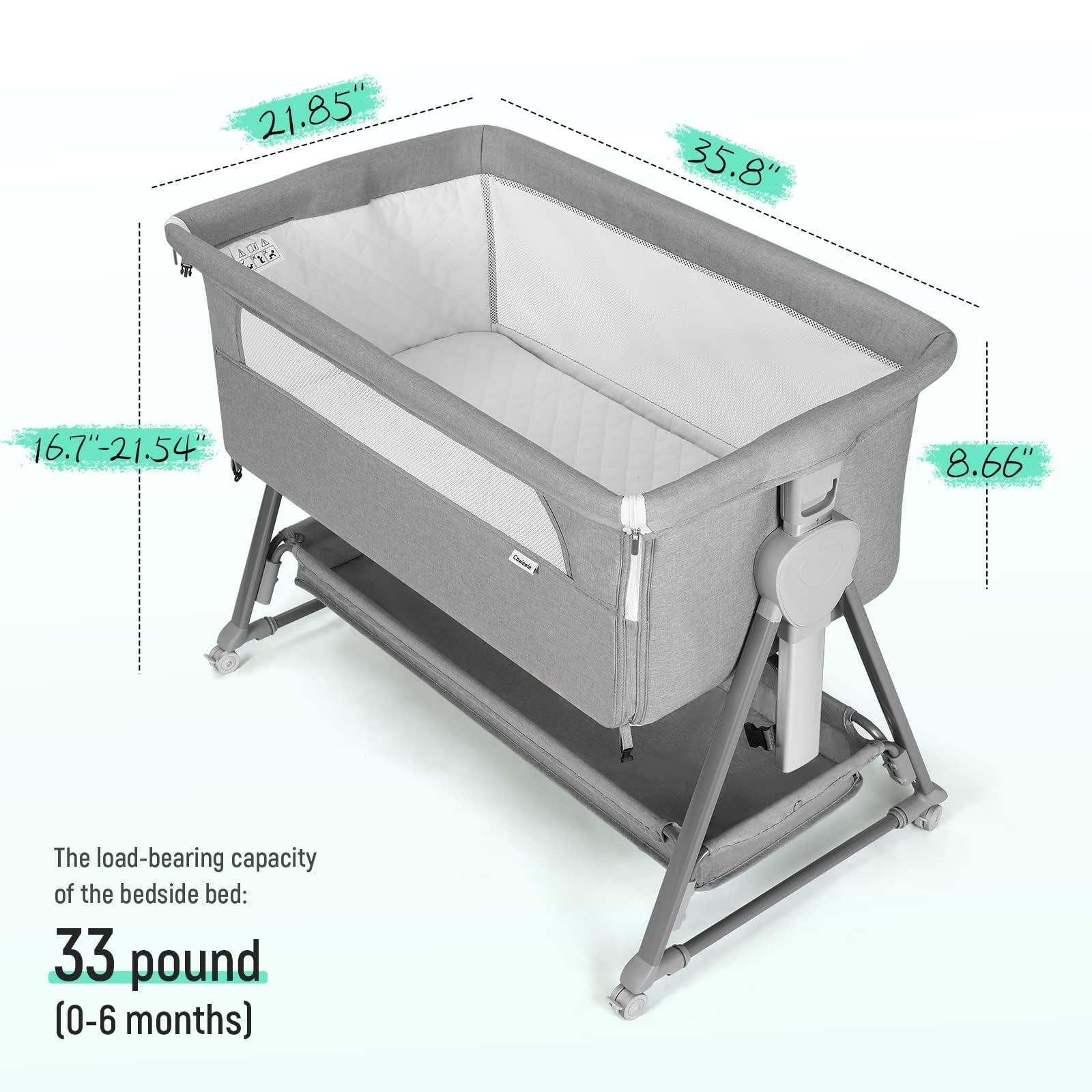 Cowiewie - Moisés para cama de noche, con 7 altura ajustable, moisés de noche para bebé con almacenamiento, malla transpirable y colchón, moisés portátil fácil de plegar (pirámide gris claro)