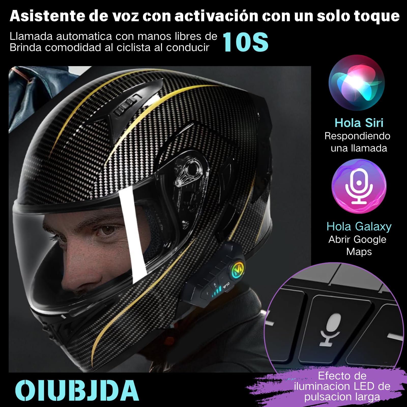 OIUBJDA Intercomunicador para Casco, Accesorios para Moto cascoImpermeable, Cancelación de Ruido Auriculares 5.3 Bluetooth para Motocicleta, micrófono Incorporado, Cable de cargadu, racion 32h, Siri