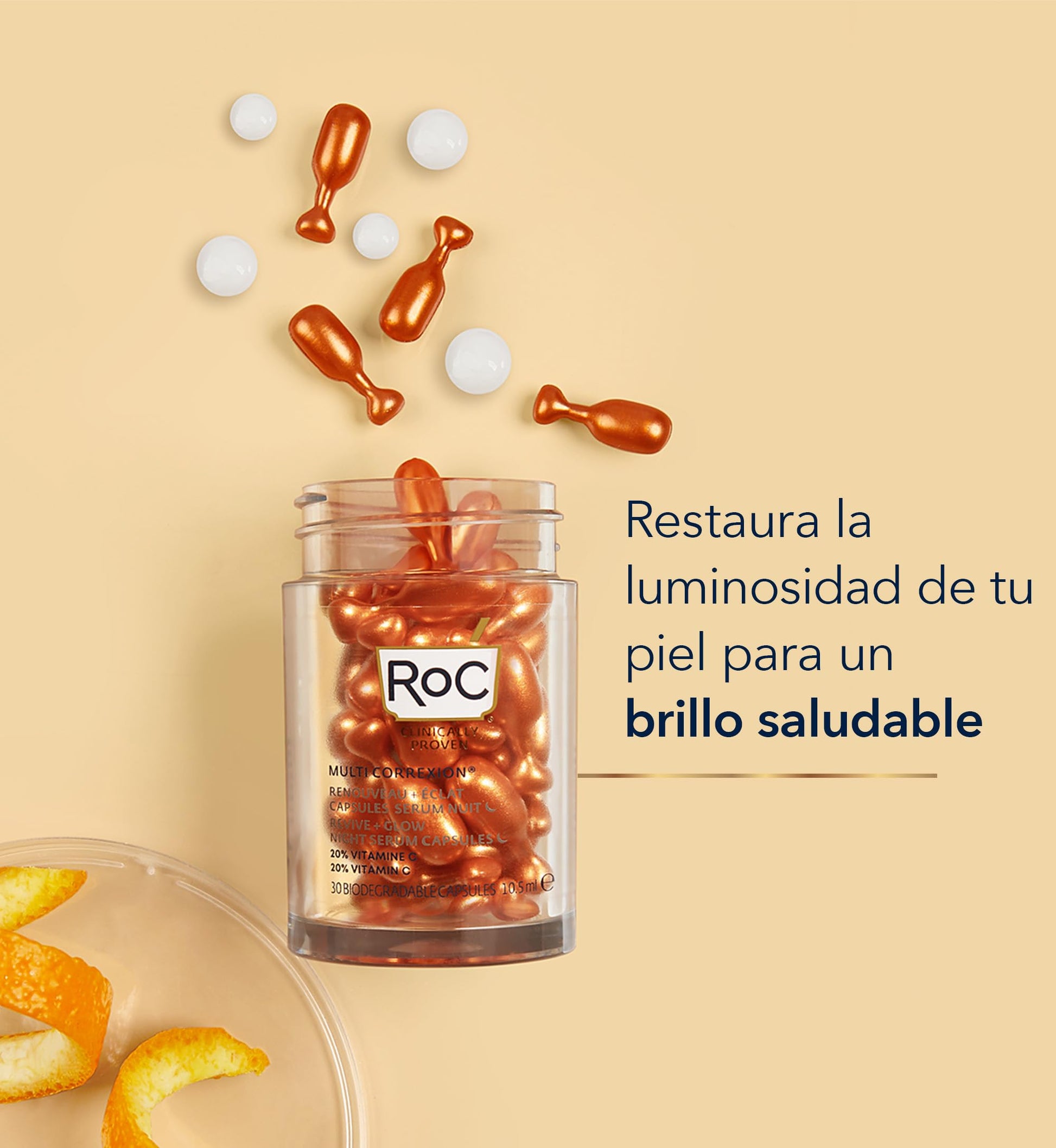 RoC Multi Correxion Revive + Glow Vitamin C Night Serum Capsules for Brightening, Dark Spots, and Texture