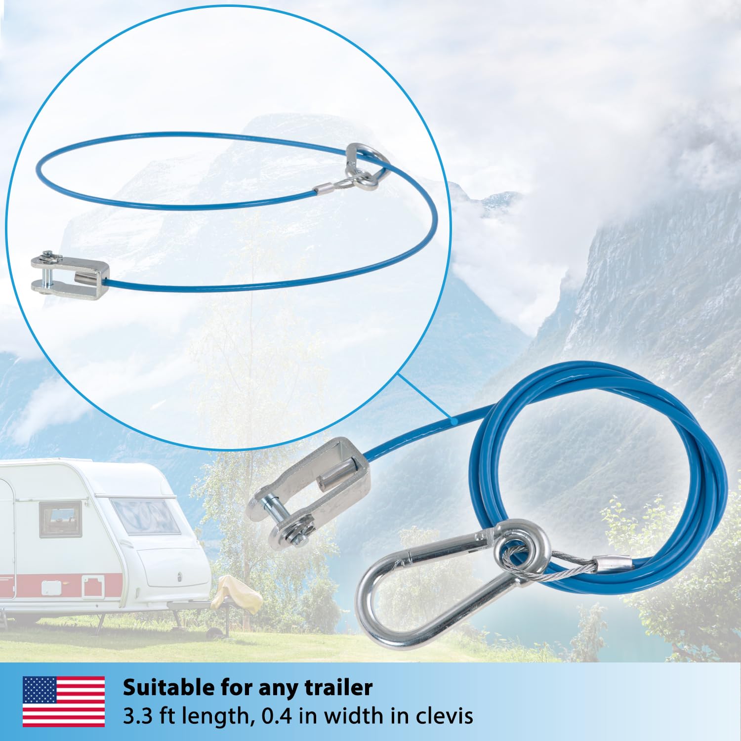 Valonic Cable Breakaway para remolques y caravanas, 1 m, azul, con mosquetón, 250 kg de resistencia a la rotura, cable Breakaway con cabeza de horquilla (grillete), Ripcord, cable Breakaway