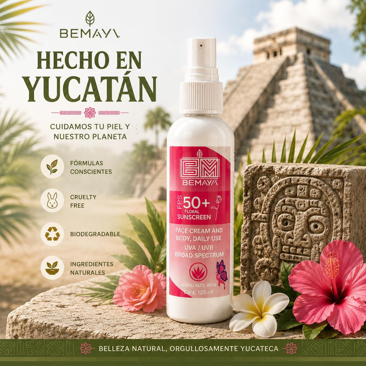 Bemaya Protector Solar Mineral Corporal FPS 50+ Biodegradable | Óxido de Zinc | Protección UVA/UVB | Aroma Floral | 125 ml