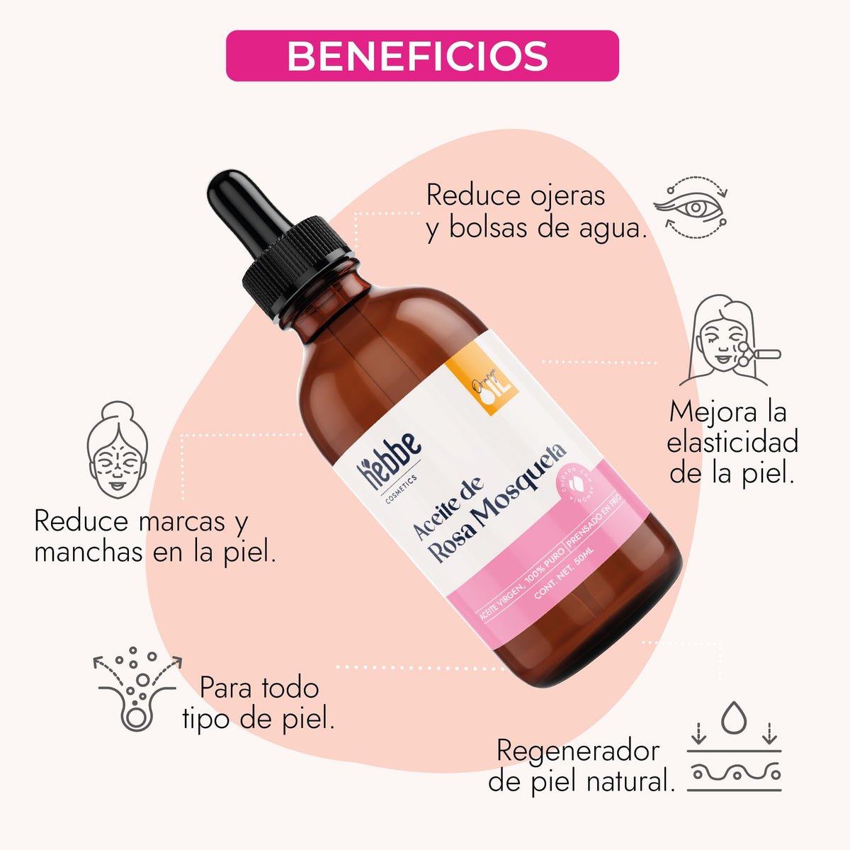 HEBBE | Aceite De Rosa Mosqueta 50 ml | Tratamiento Facial Antiedad y Reparador Cutáneo | Regenerador De Piel, Reduce Manchas, Ojeras y Estrías | Aceite Natural