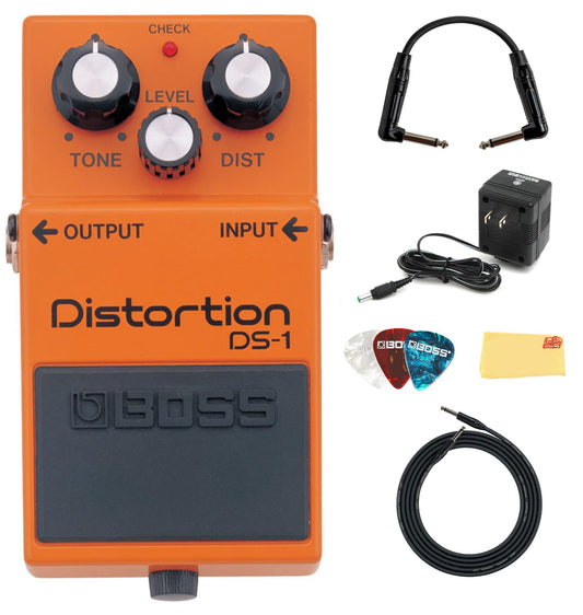 Boss DS-1 Distortion Guitar Effects Pedal Bundle with 9V Power Adapter, Gearlux Instrument Cable, Patch Cable, Picks, and Polishing Cloth