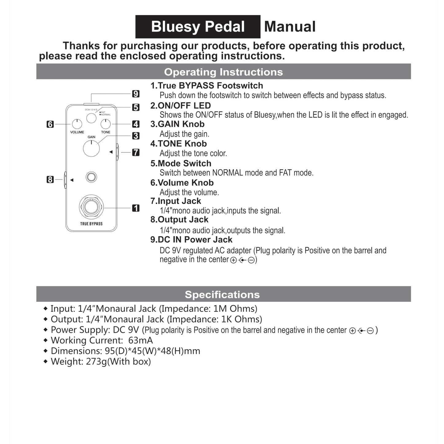Rowin Distortion Bluesy Pedal: Overdrive clásico con modos cálido/caliente, True Bypass para guitarra eléctrica y bajo