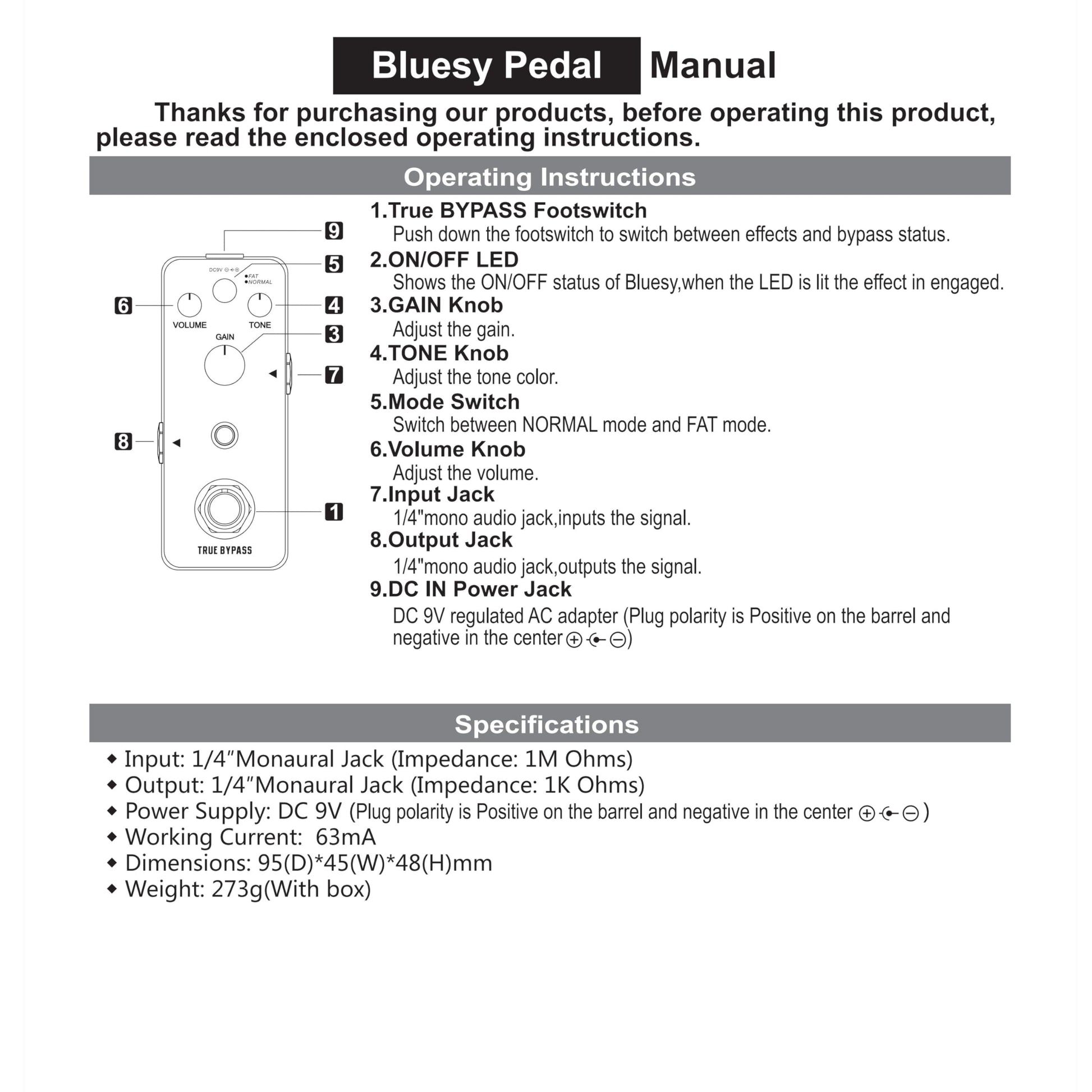 Rowin Distortion Bluesy Pedal: Overdrive clásico con modos cálido/caliente, True Bypass para guitarra eléctrica y bajo