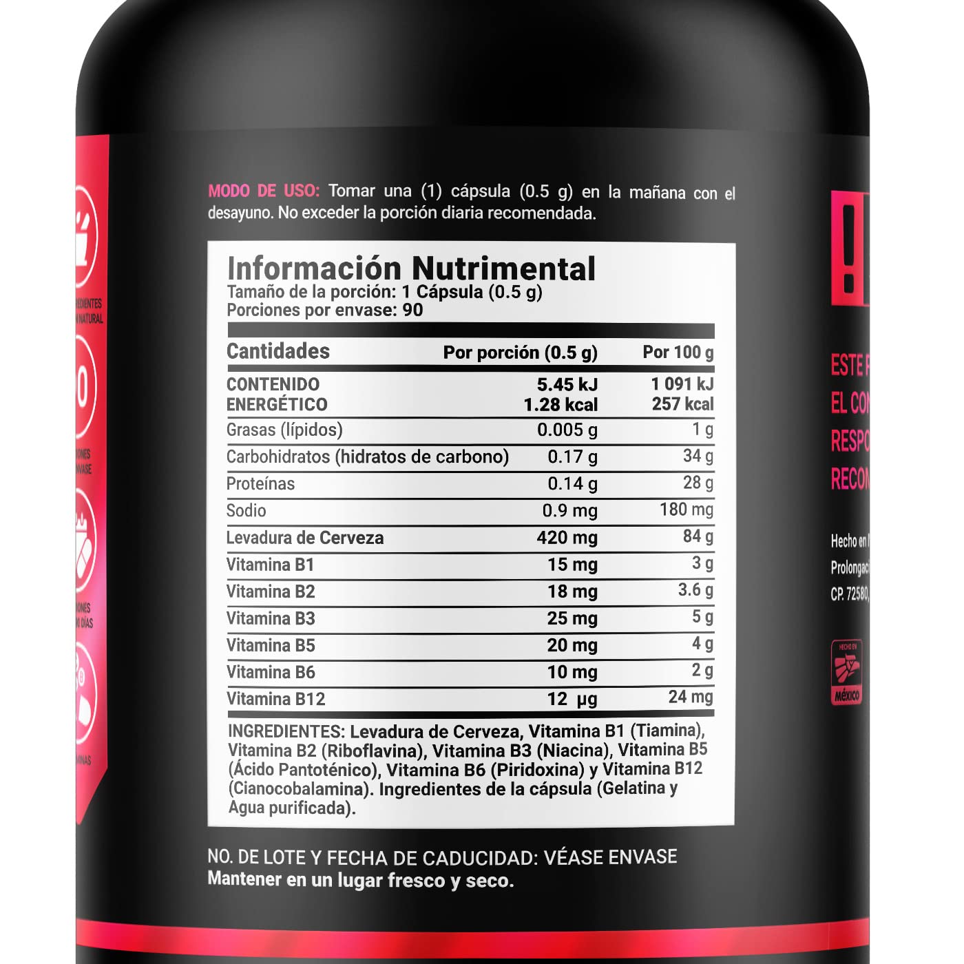 Complejo B. Levadura de Cerveza y Vitaminas B1, B2, B3, B5, B6, B12. Ingredientes Naturales con 90 cápsulas de 500 mg. B Yeast Blend B Life