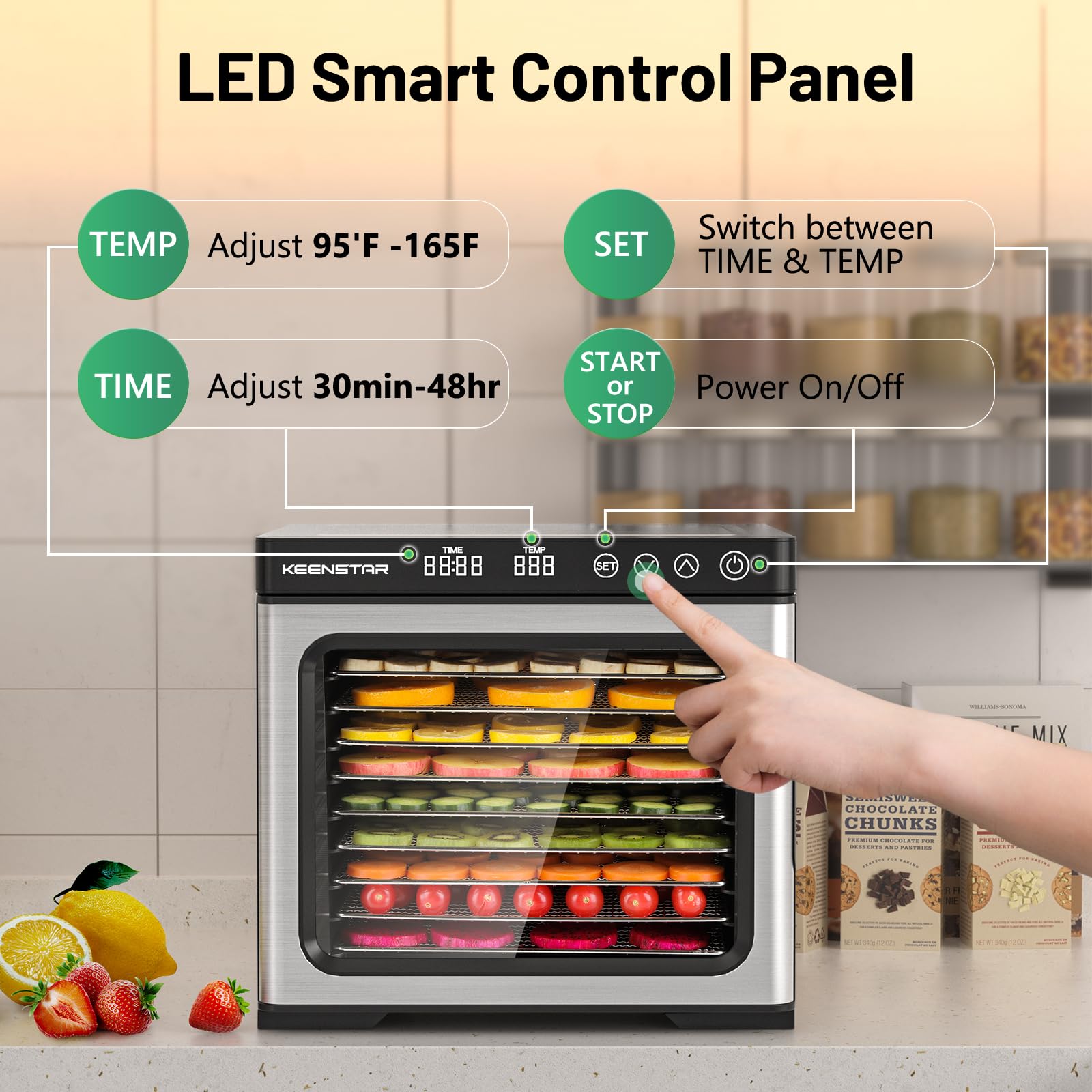 Deshidratador de alimentos para Jerky 1000 W, 9 bandejas de acero inoxidable, control de temperatura de 160 °F, espacio de secado de 8.7 pies cuadrados, temporizador de 48 horas, máquina secadora para