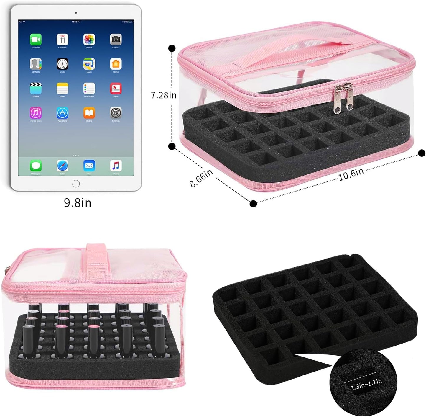 Beloving - Organizador de esmalte de uñas transparente con capacidad para 30 botellas, estuche de esmalte de uñas de PVC, suministros de uñas transparentes con herramientas de manicura, secciones de