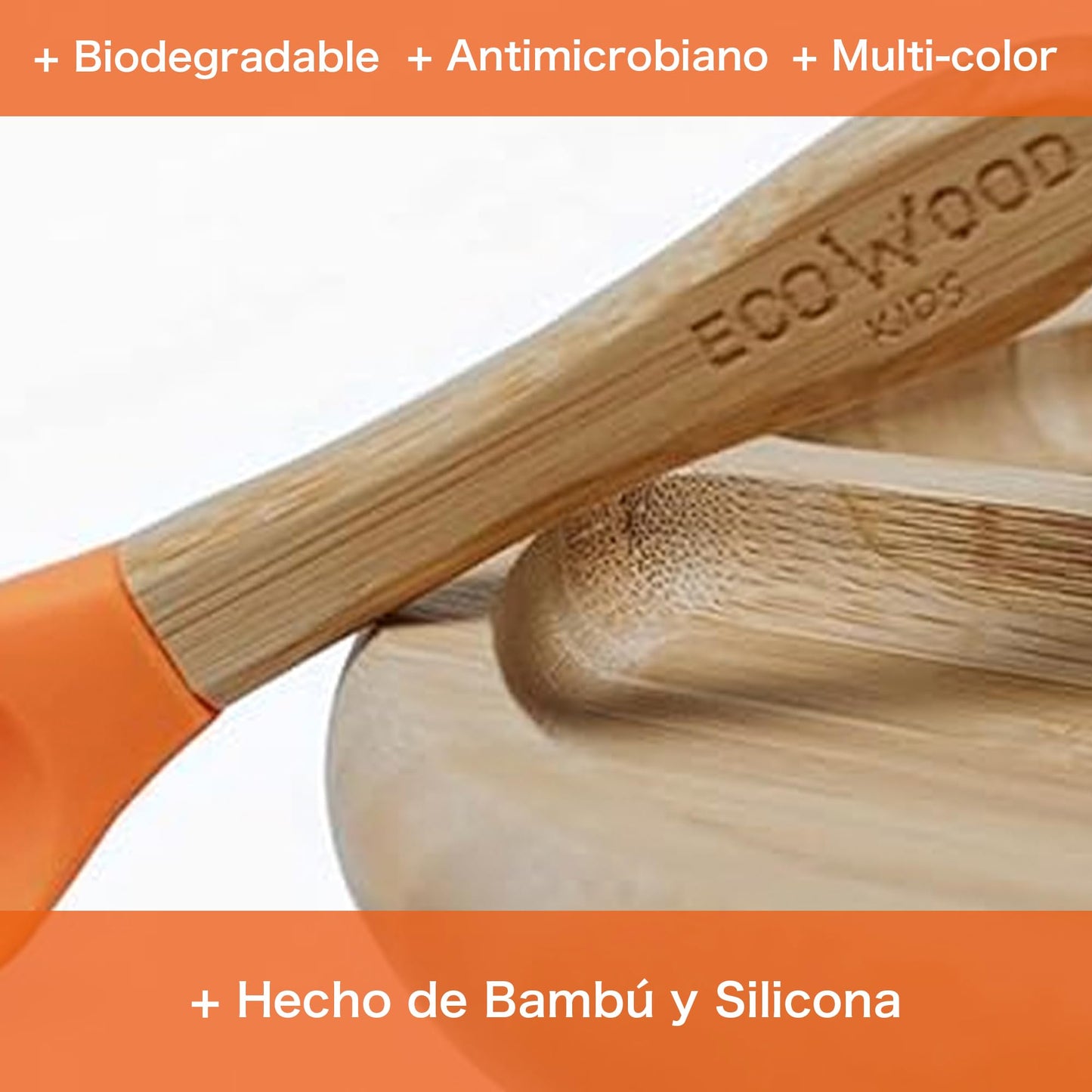 Ecowood® Plato Extendido de Bambú con Divisiones para Bebe y Niño - Con Base de Silicona Succión Adherente y Antiderrapante (Naranja)