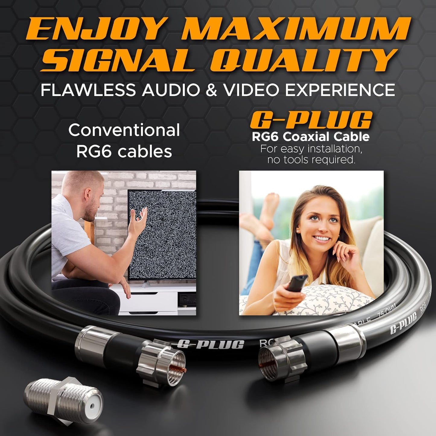 G-PLUG Cable Coaxial RG6 75 Ohm, Triple Blindaje, Conectores F Tipo Macho a Macho, Cable Antena TV, Satelital e Internet Banda Ancha, Incluye Acoplador F81, Negro
