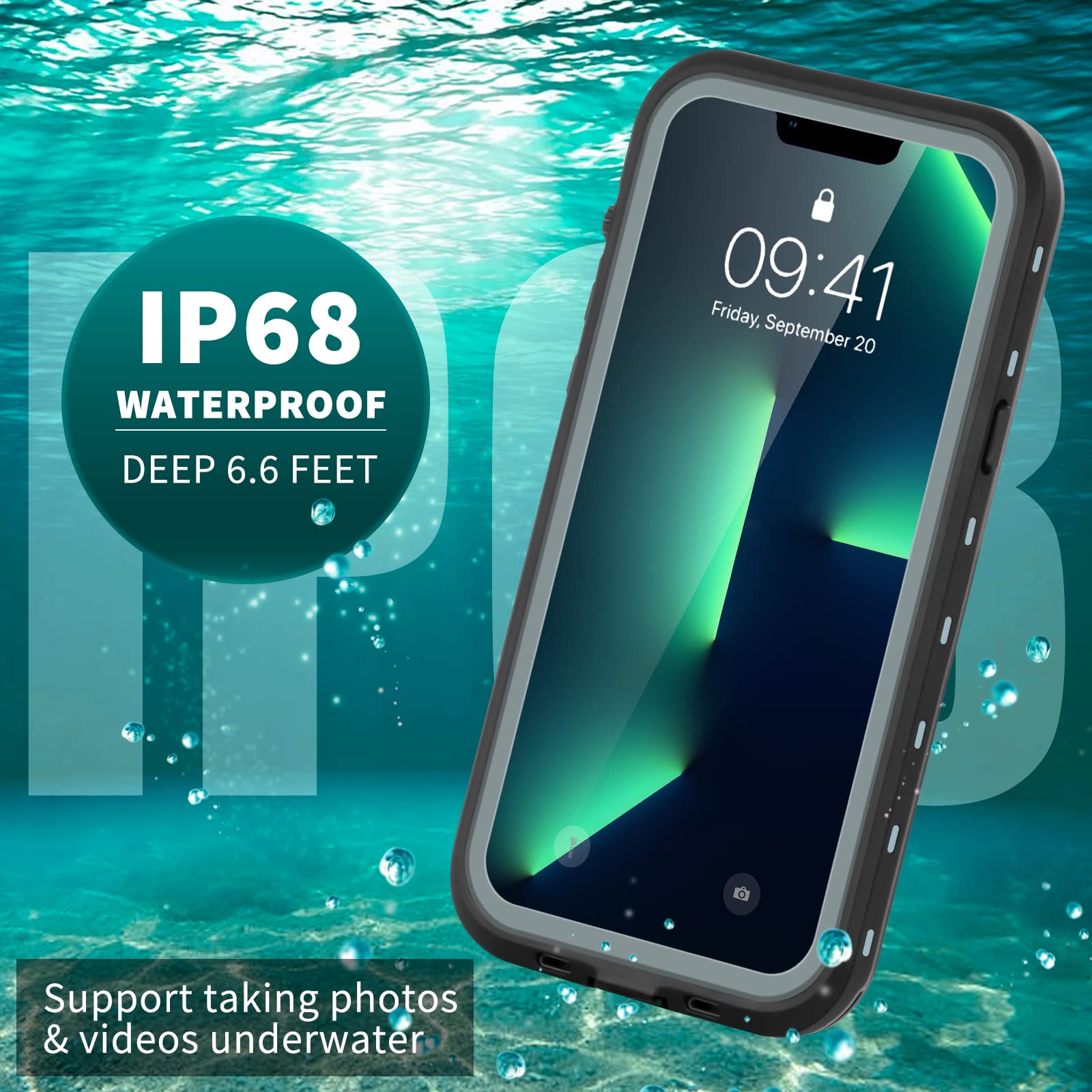 Funda para iPhone 13 Pro Max, Funda Impermeable IP68 para iPhone 13 Pro Max, iPhone 13 Pro Max Funda con Kickstand, Carcasa Protección Resistente Impactos TPU+PC Case, Adecuado para Buceo, Natación