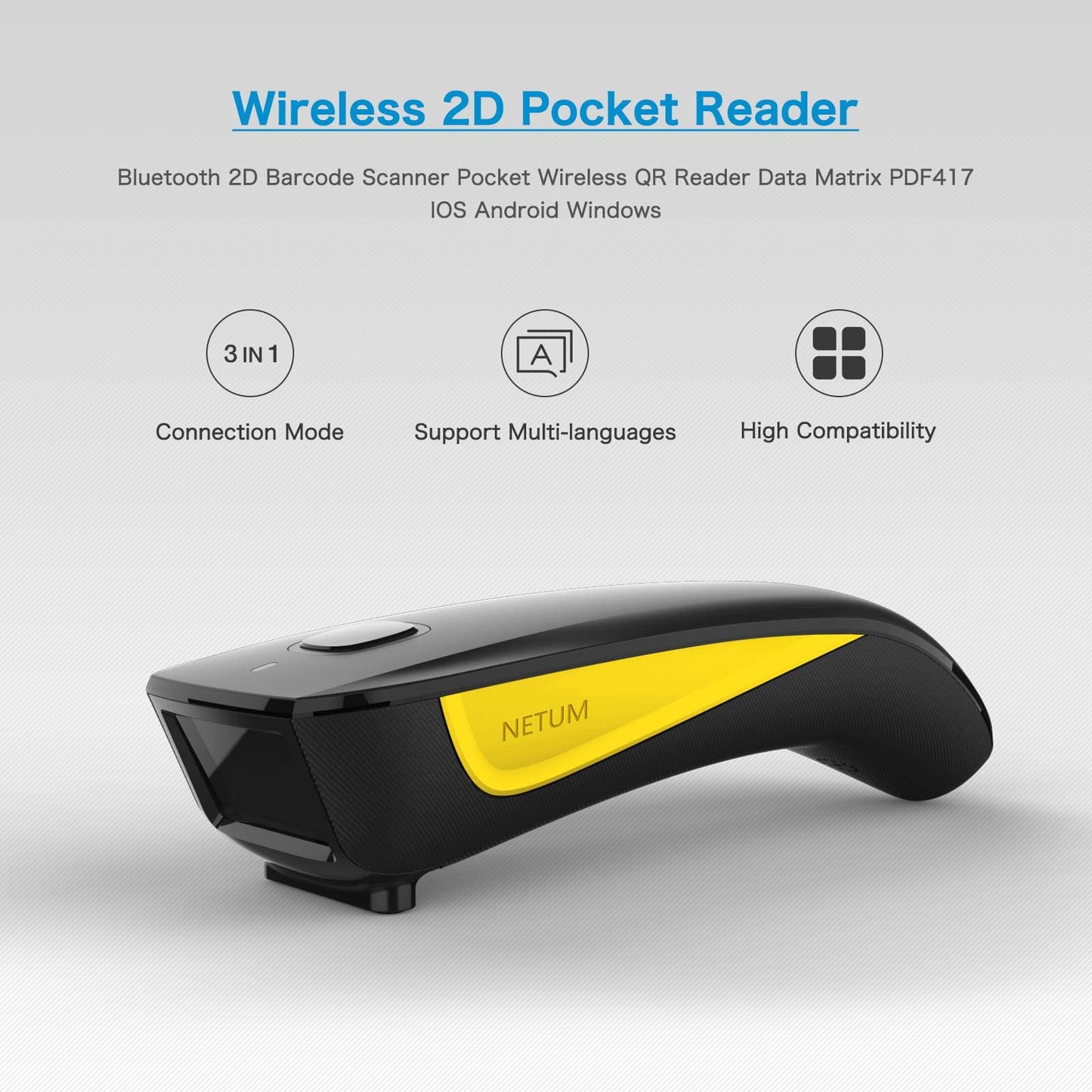 NETUM Escáner de código QR, mini escáner de código de barras compatible con Bluetooth, pequeño escáner portátil USB 1D 2D de código de barras para inventario, lector de imágenes inalámbrico 2.4G para